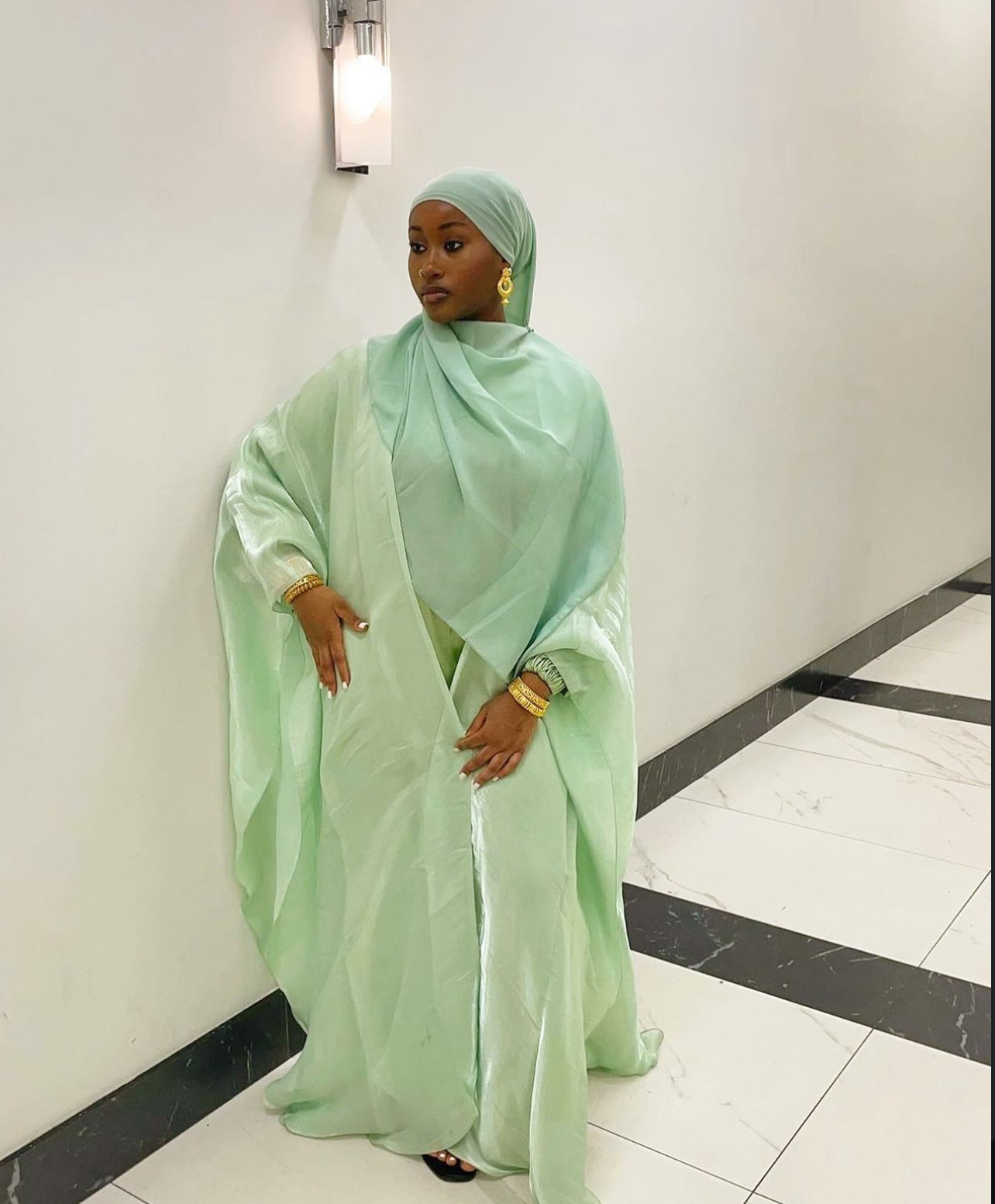 Mint Green Four Piece Satin Abaya