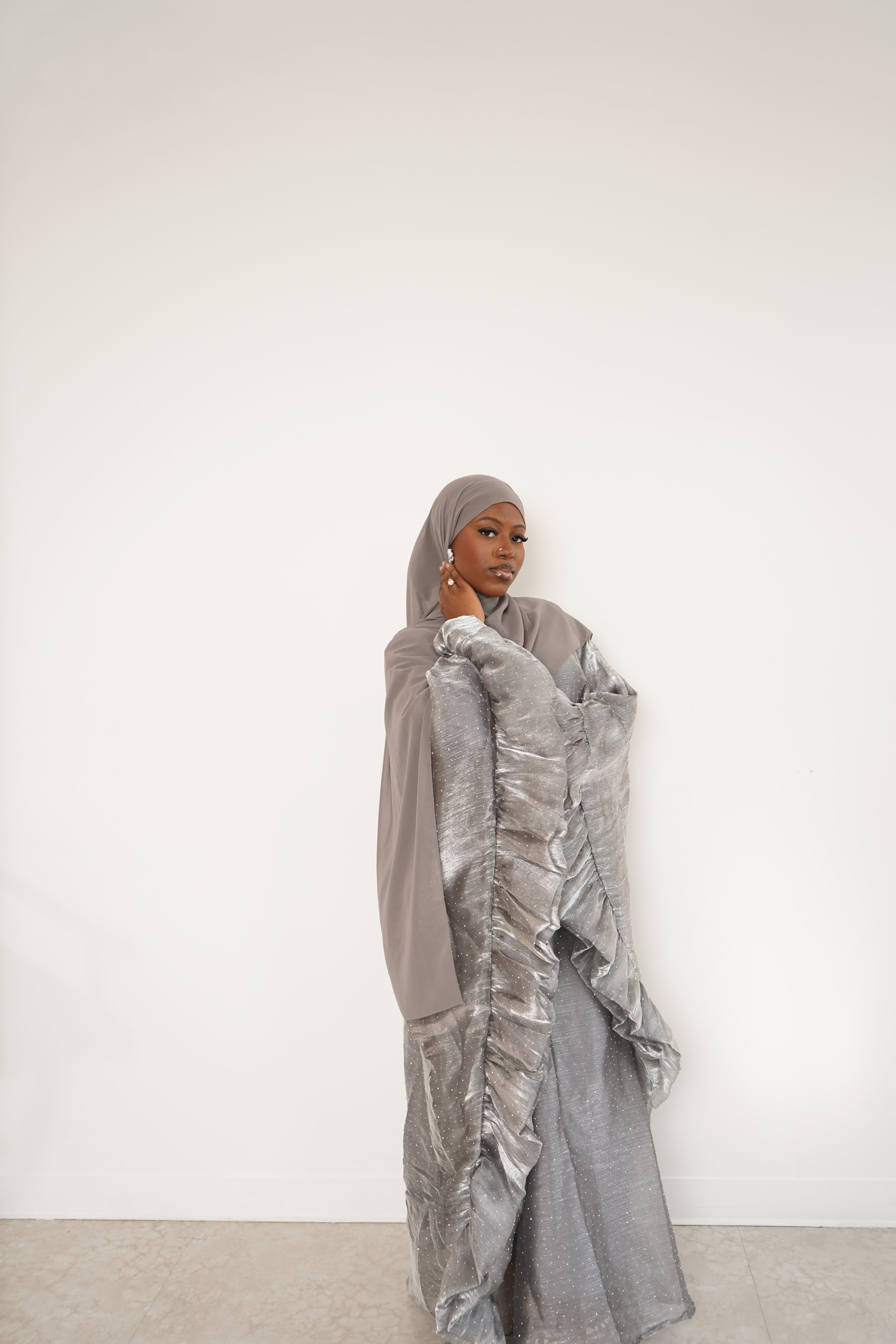Silver Three Piece Butterfly Pixie Abaya With Scarf