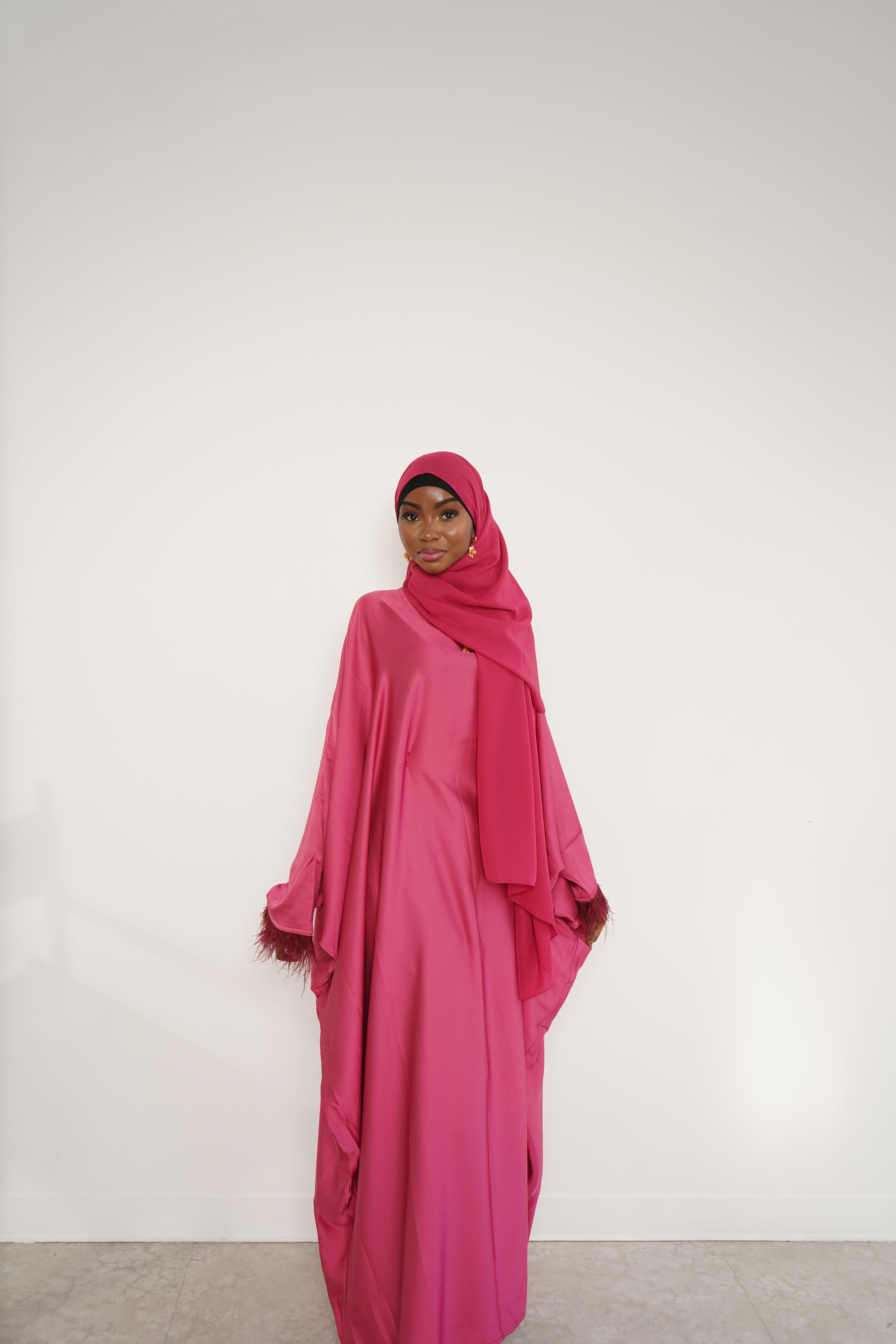 Sleek pink feathered abaya + hijab set