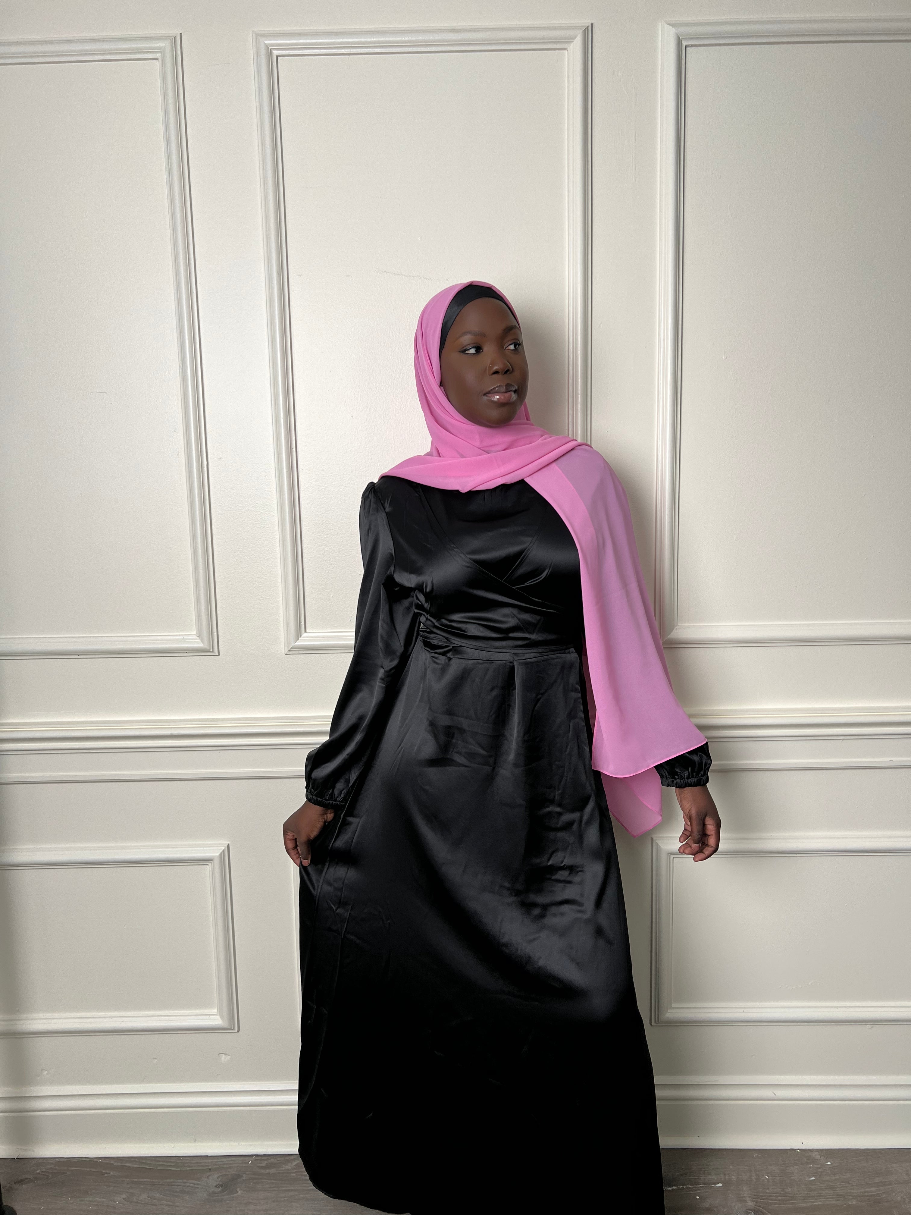 Black satin wrap waist dress