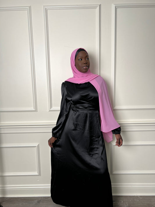 Black satin wrap waist dress