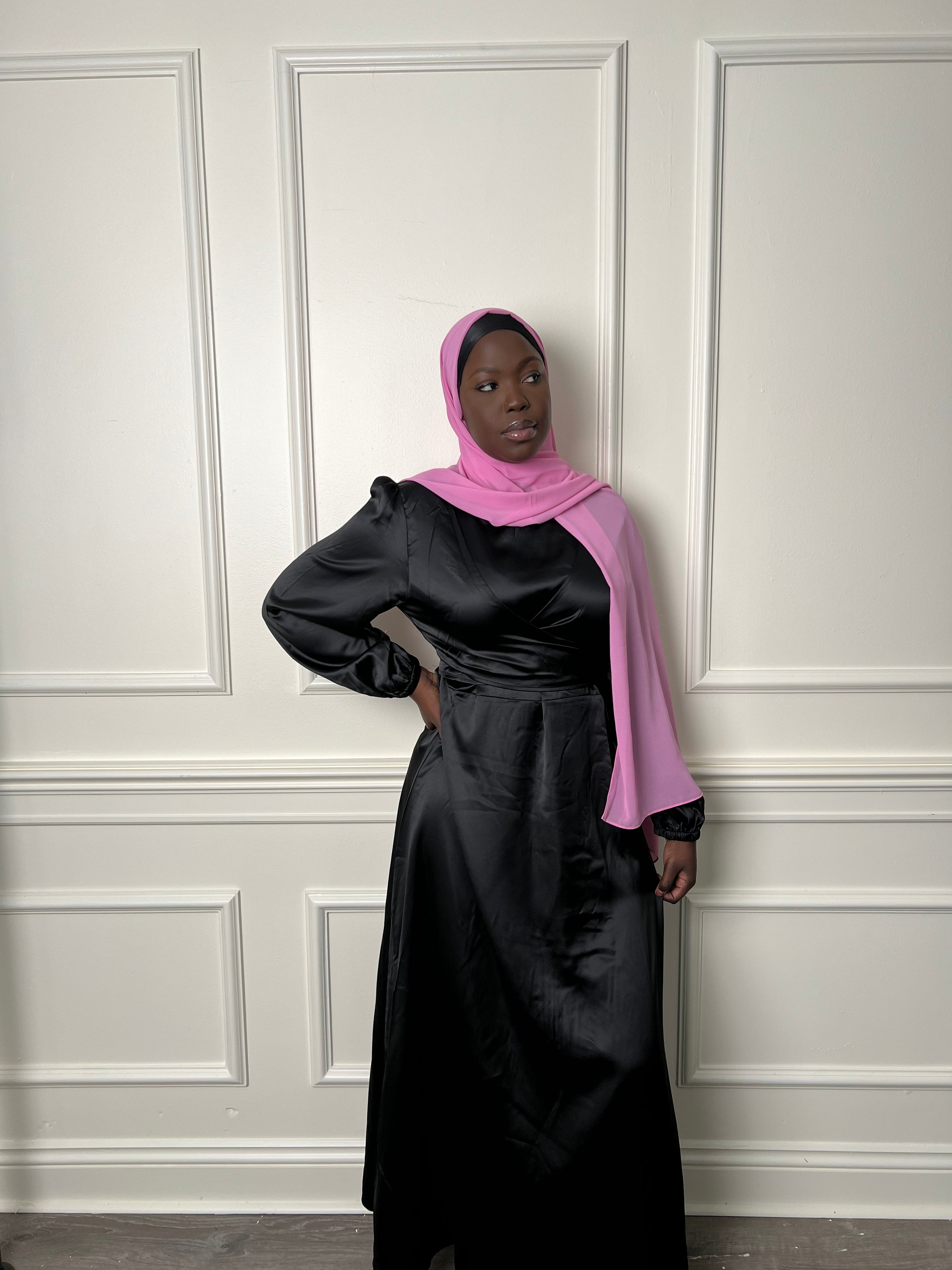 Black satin wrap waist dress