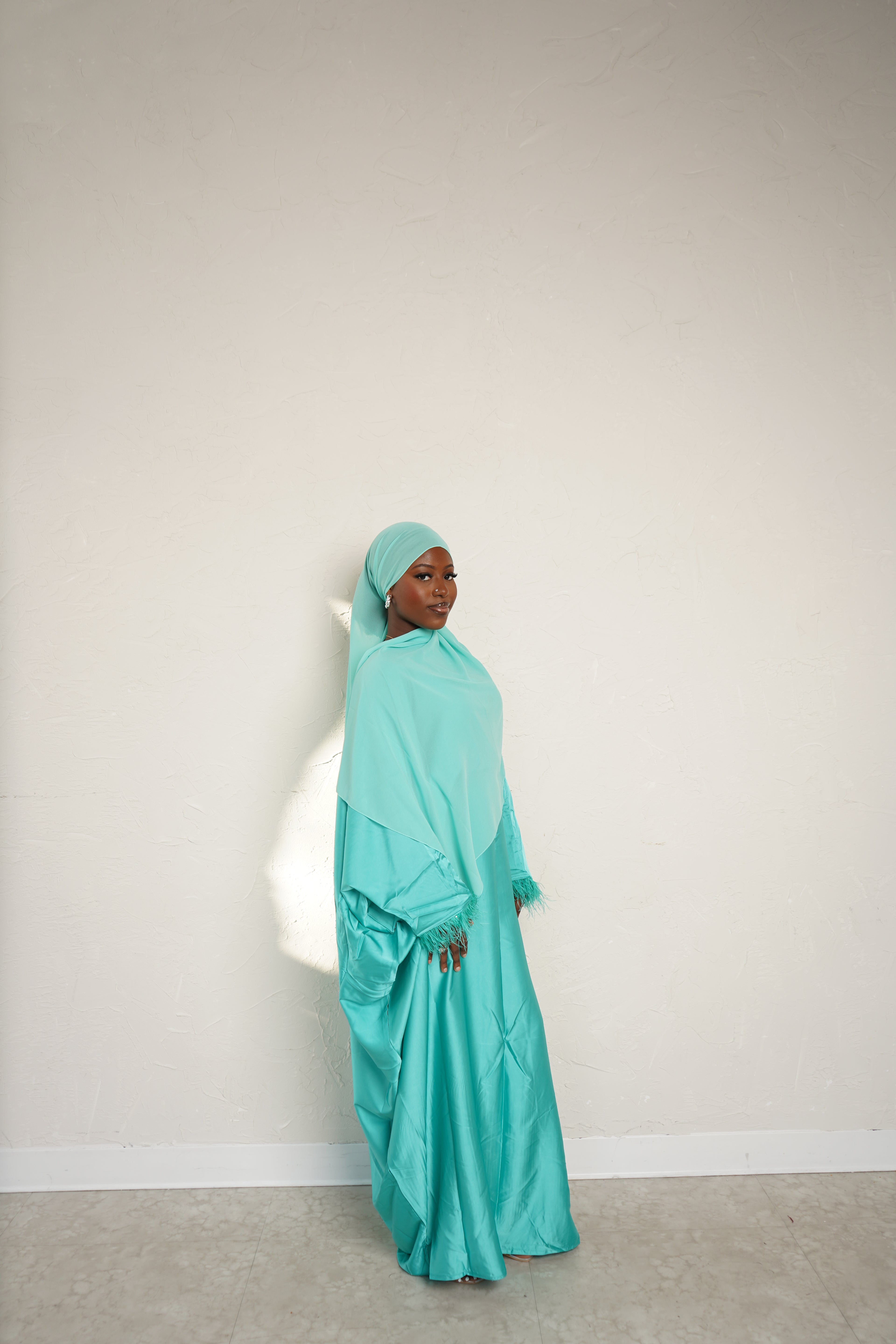 Turquoise feathered abaya+ hijab set