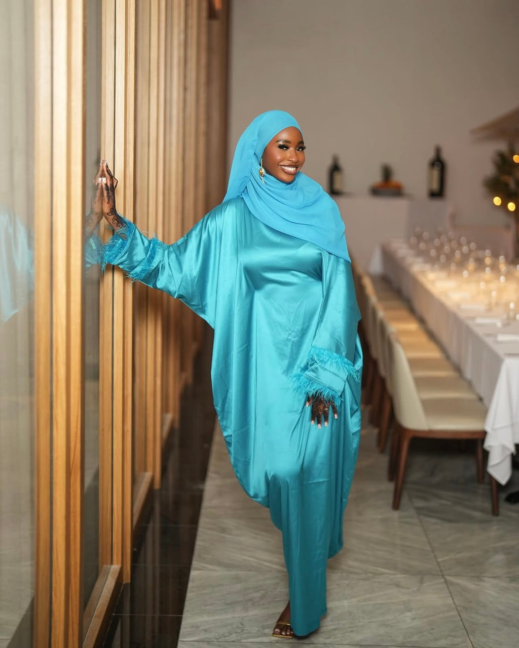 Cobalt Blue feathered abaya + hijab set