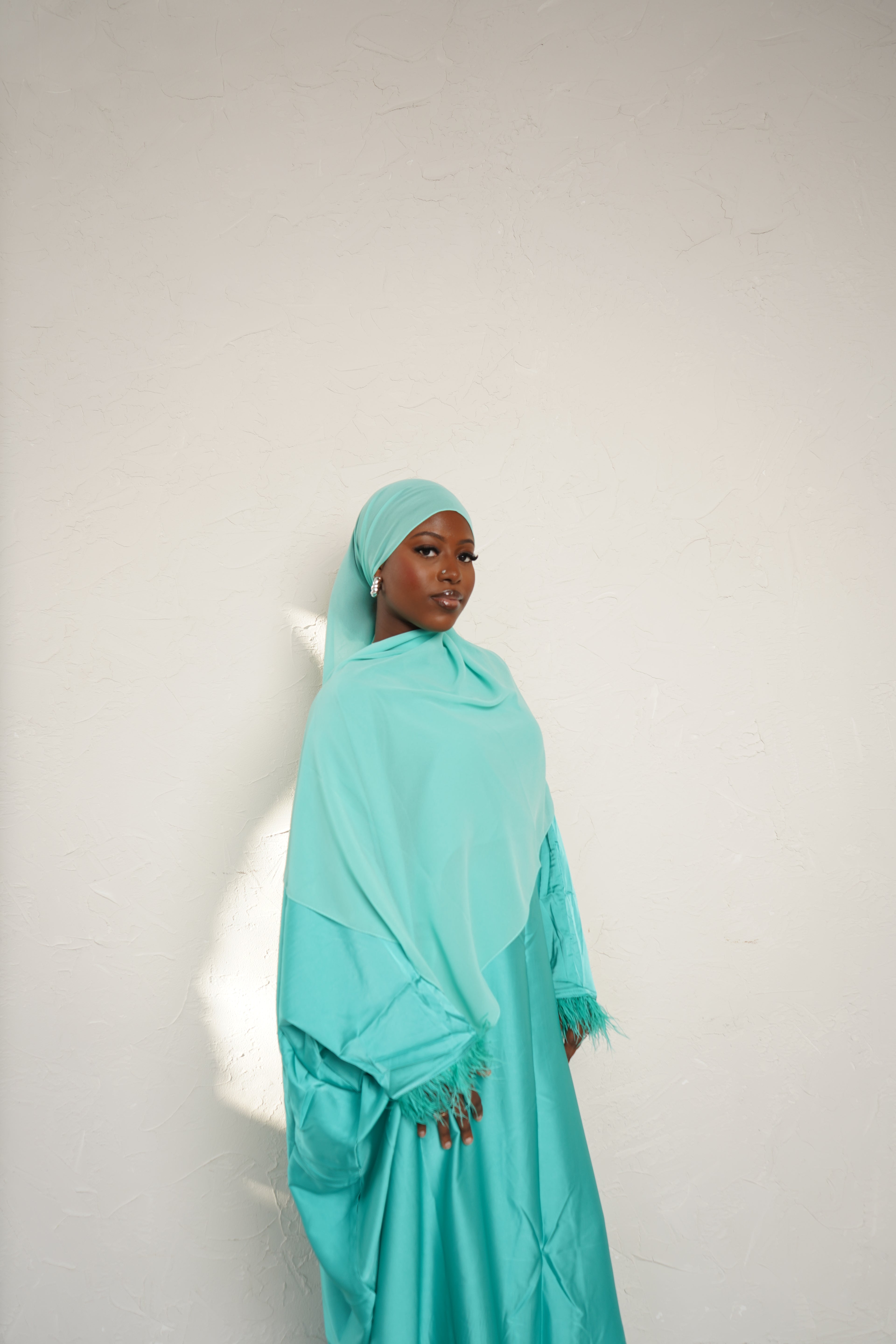 Turquoise feathered abaya+ hijab set