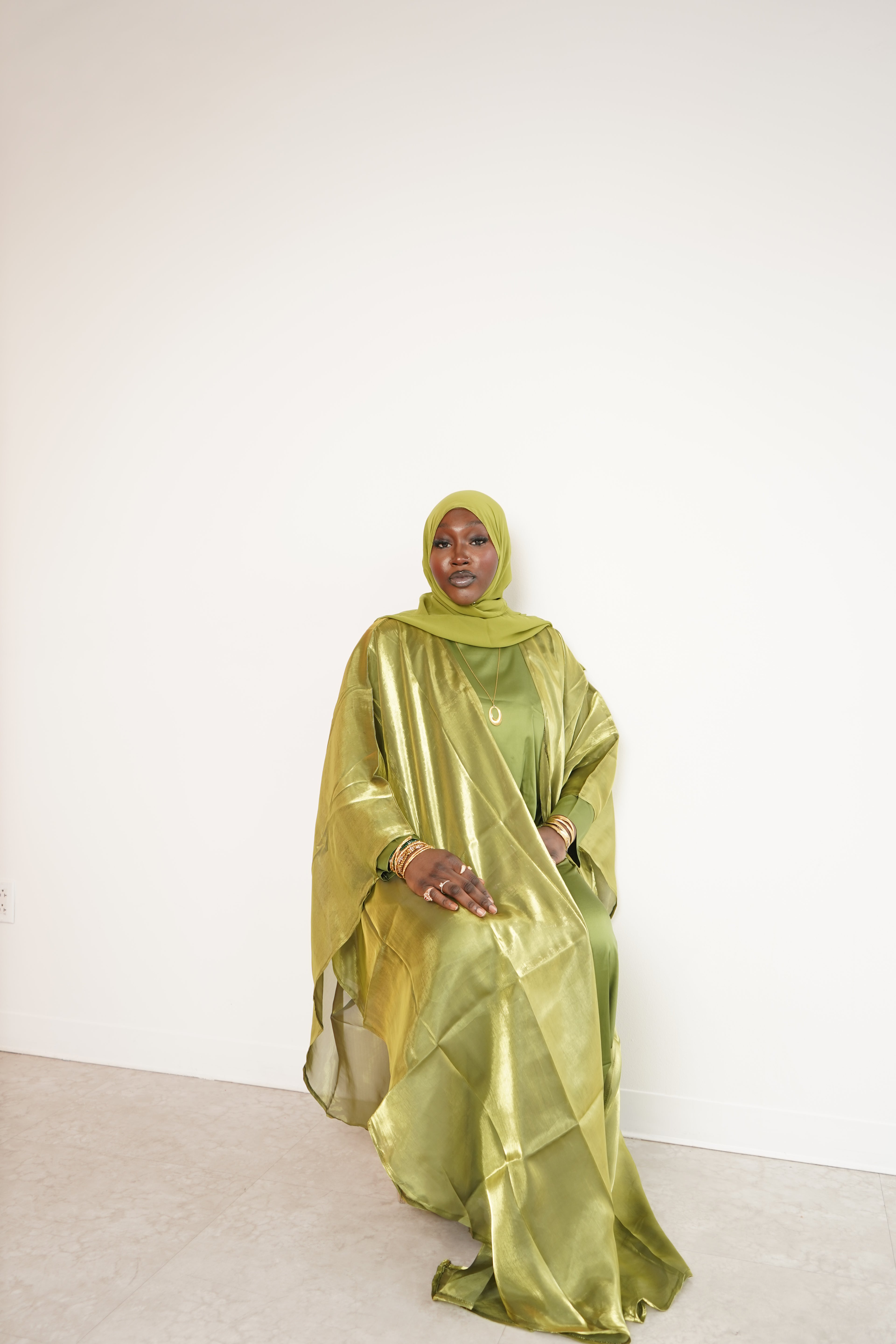 Hunter Green Four Piece Satin Abaya With Scarf