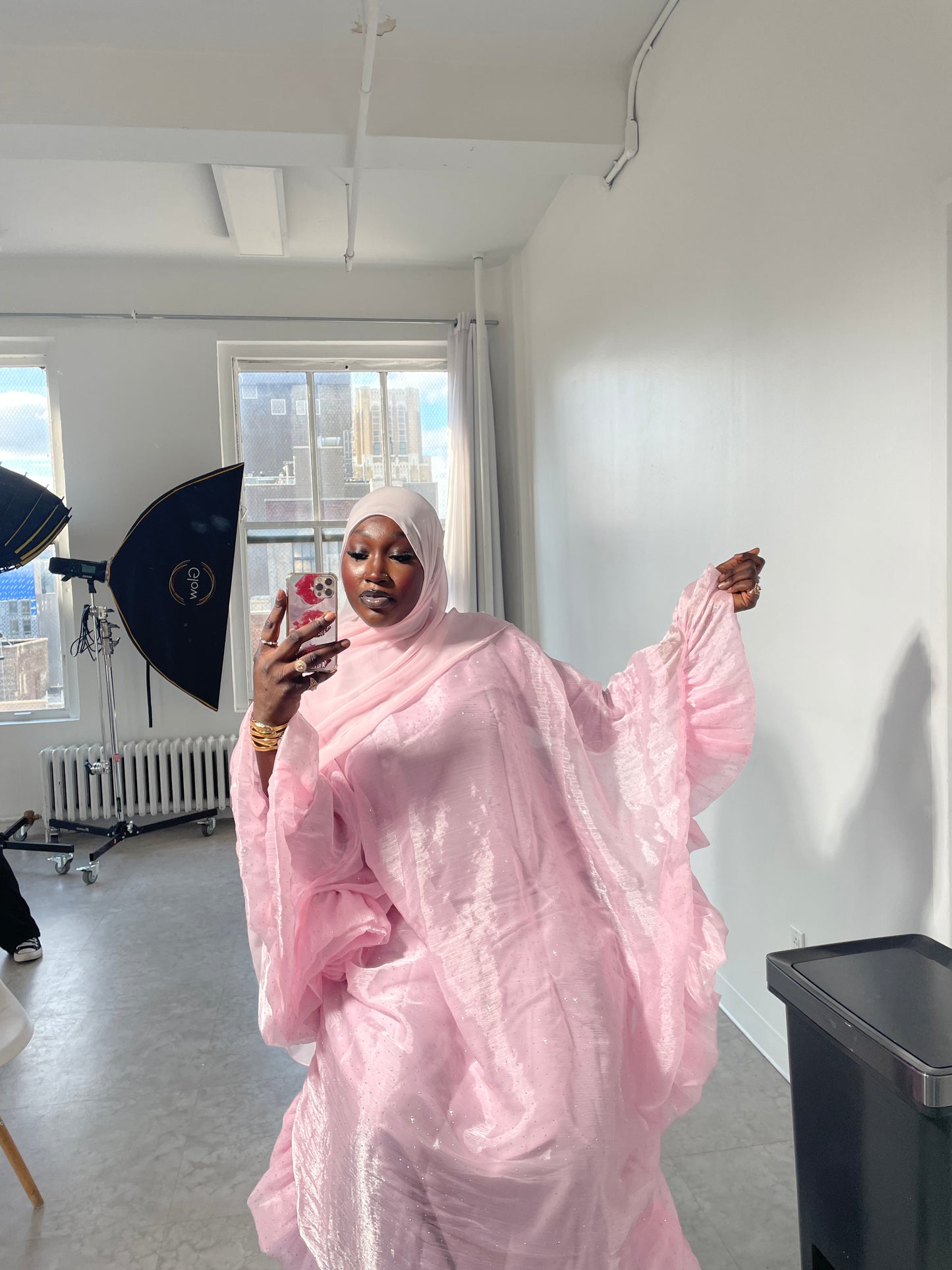 Pink Three Piece Butterfly Pixie Abaya With Scarf