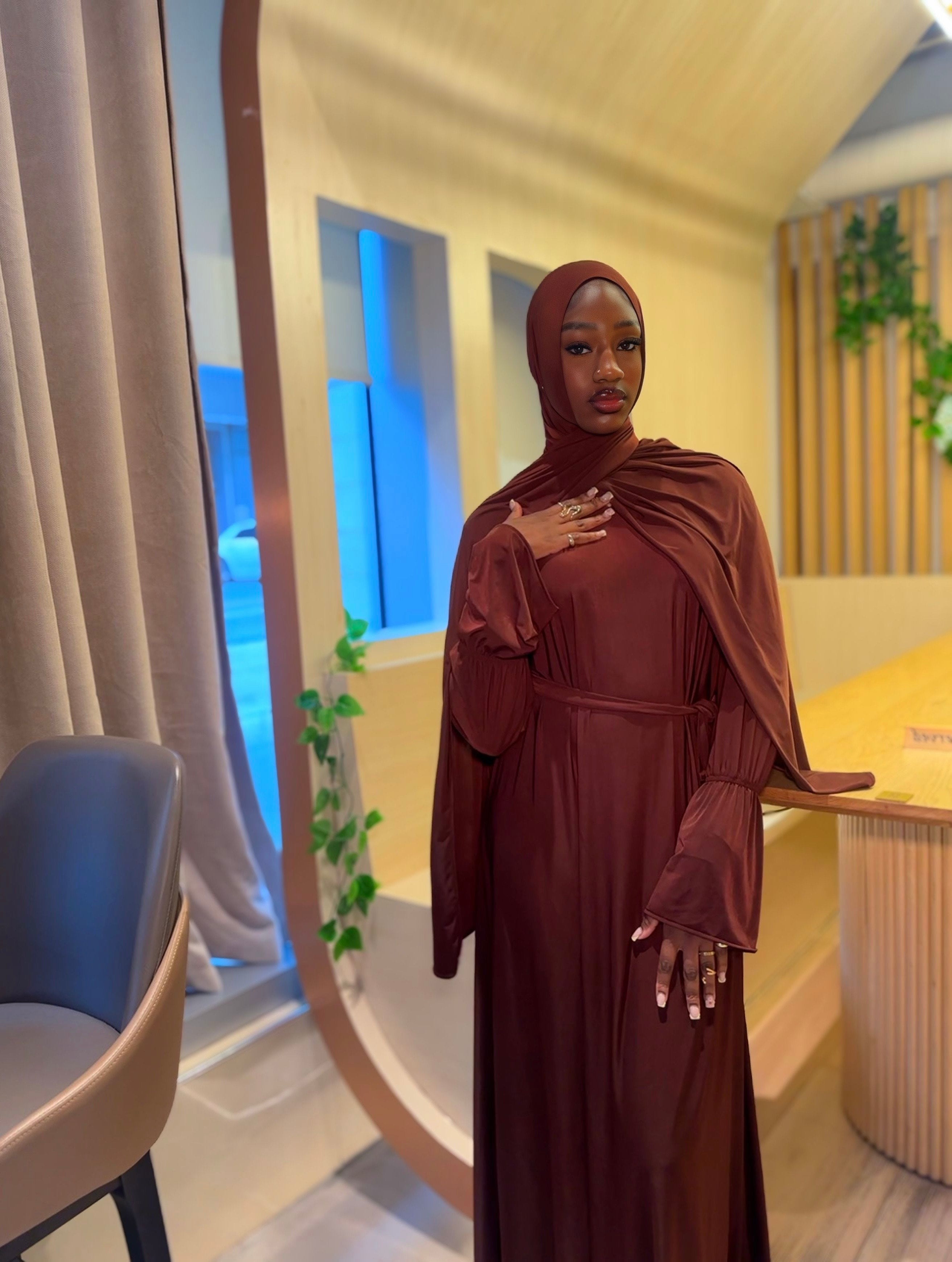 BrownRuffle Sleeve Abaya & Hijab Essential Set – Modest Outfit