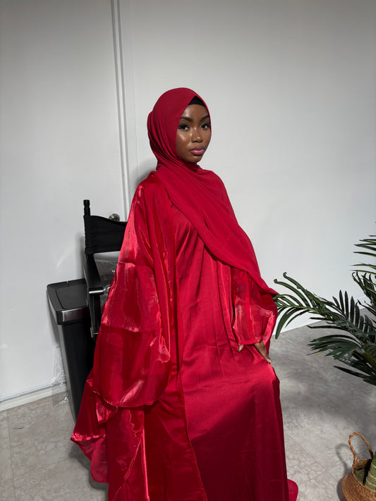 Deep Red Four Piece Satin Abaya With Scarf