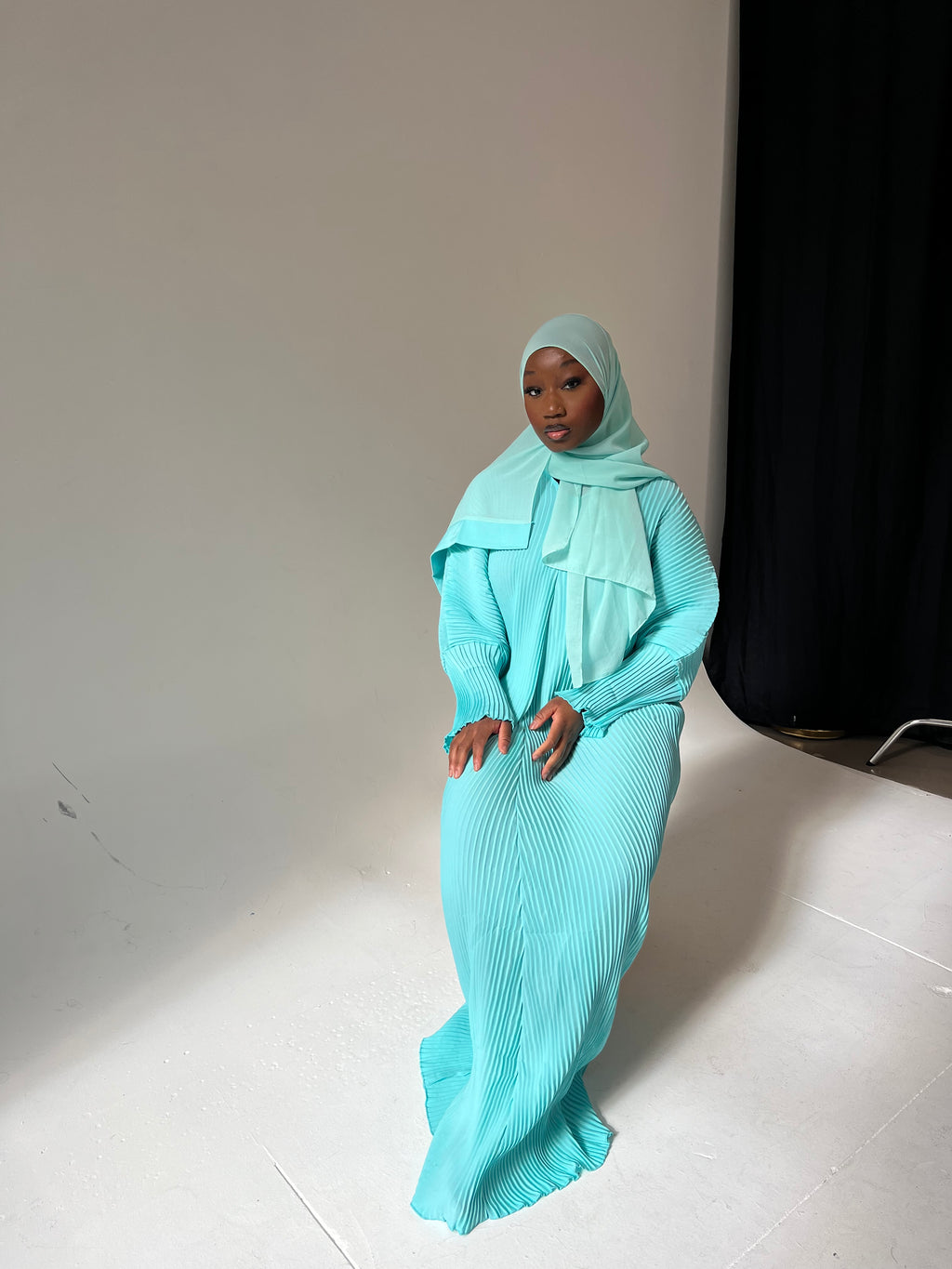 Mint Pleated Abaya Hijab Set