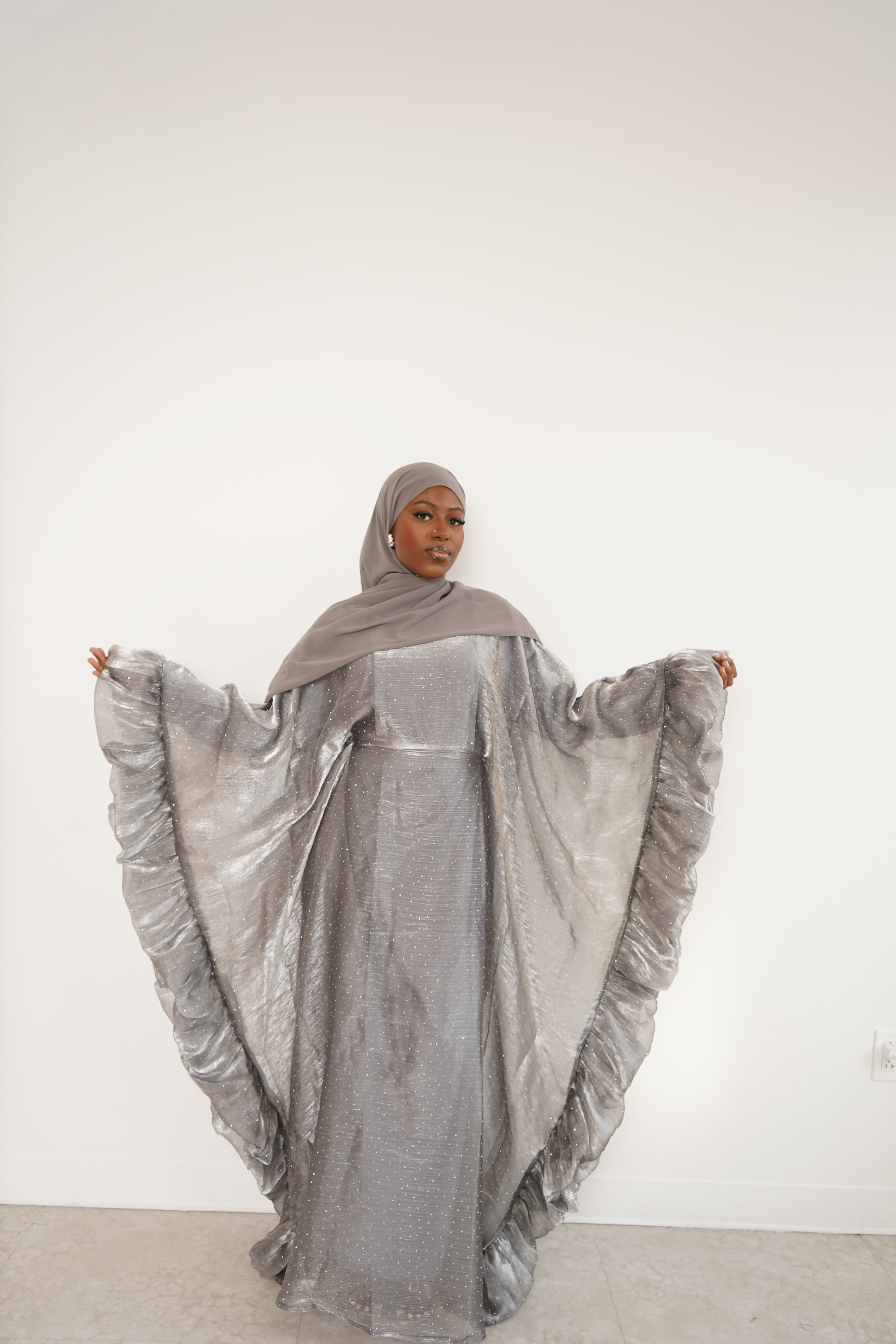 Silver Three Piece Butterfly Pixie Abaya With Scarf