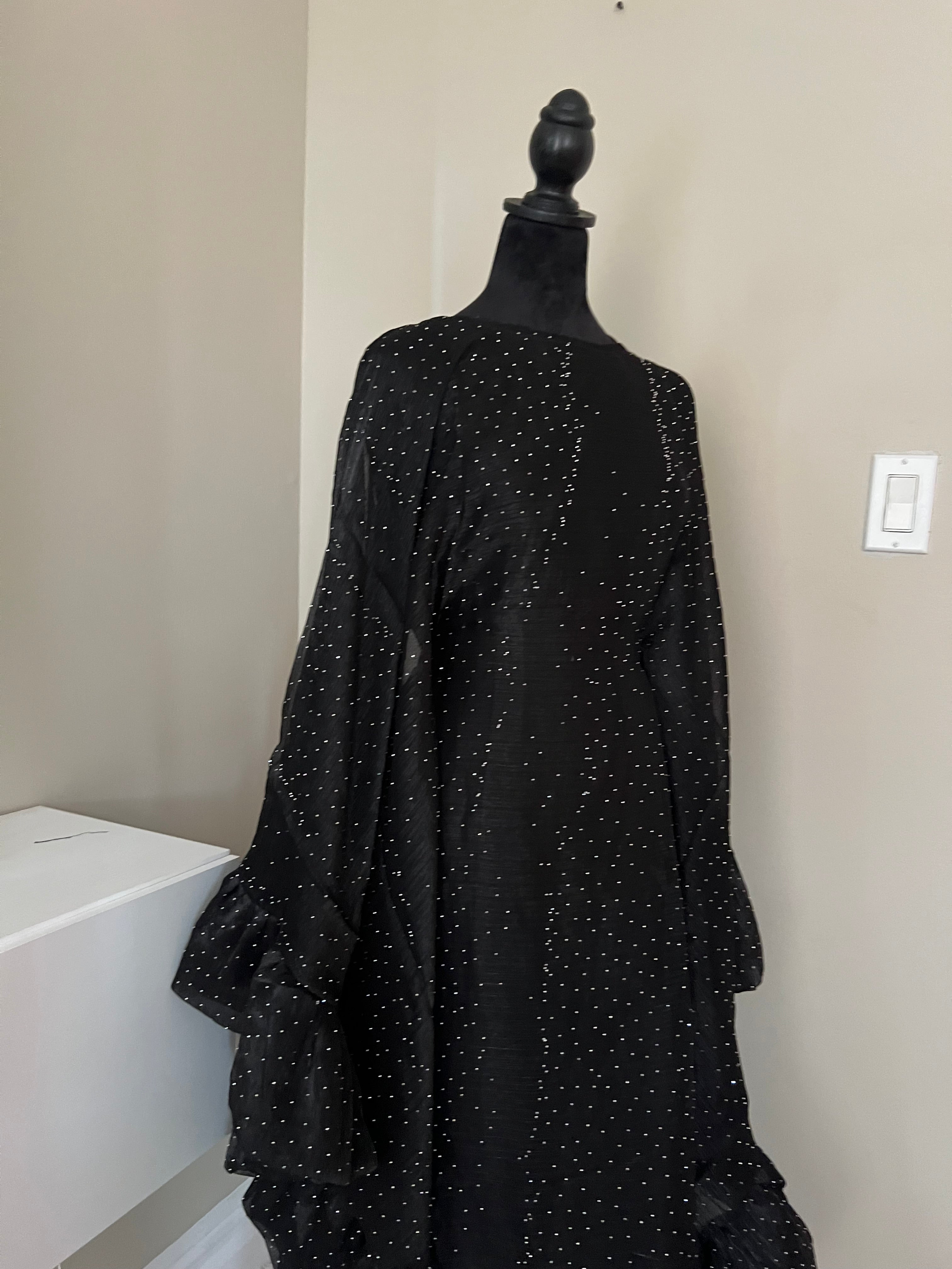 Black Three Piece Butterfly Pixie Abaya With Scarf