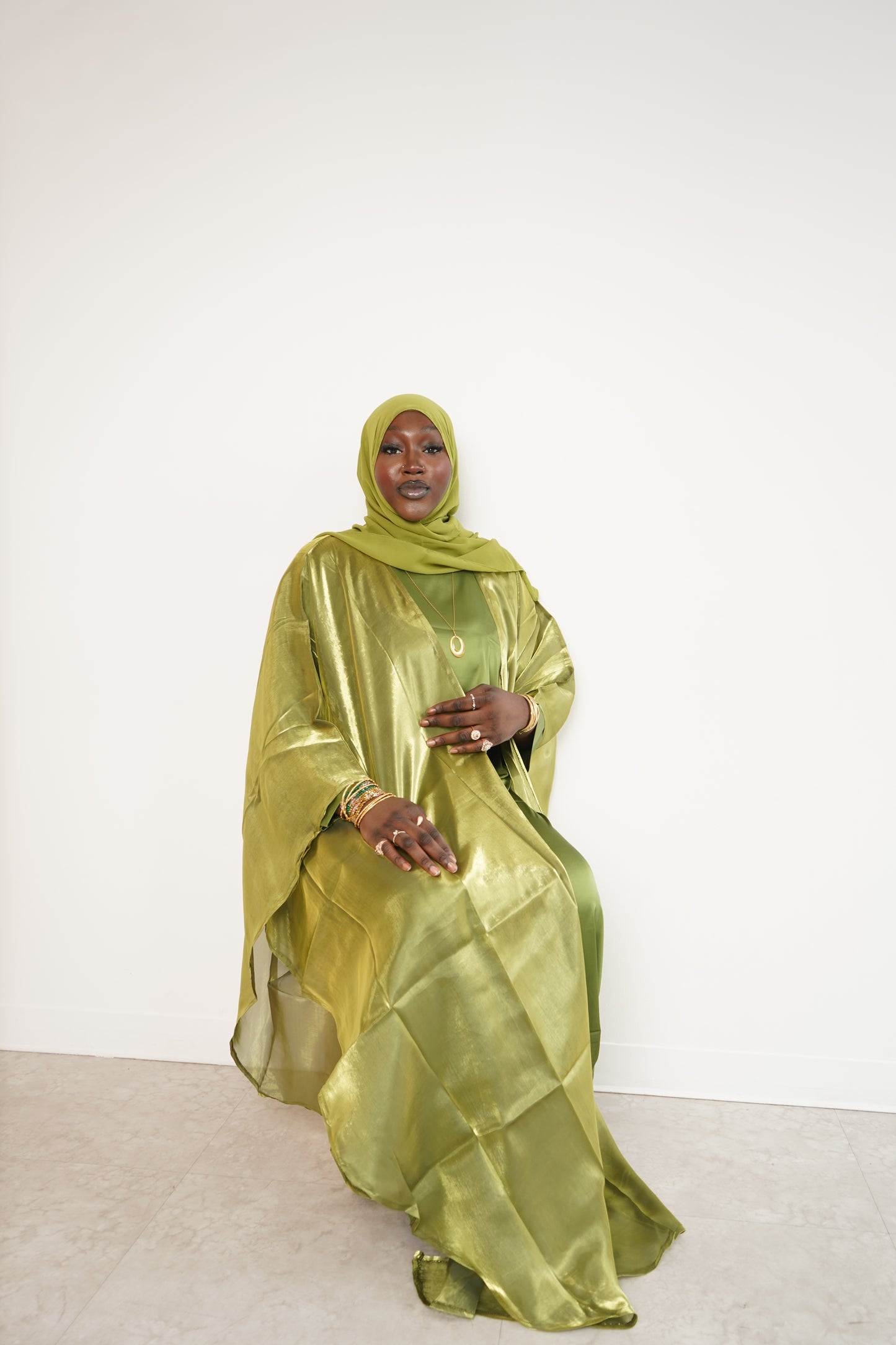 Hunter Green Four Piece Satin Abaya With Scarf