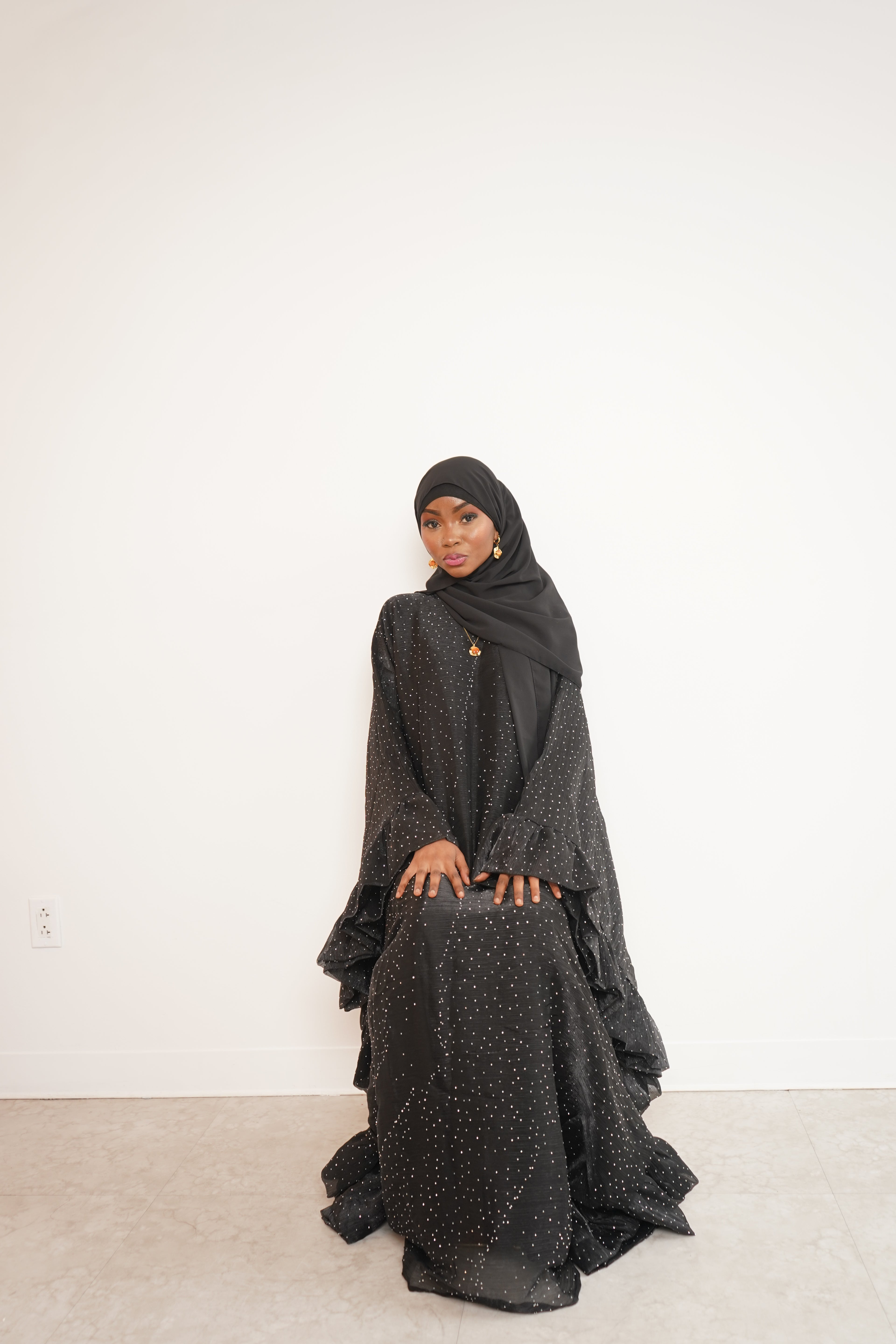 Black Three Piece Butterfly Pixie Abaya With Scarf
