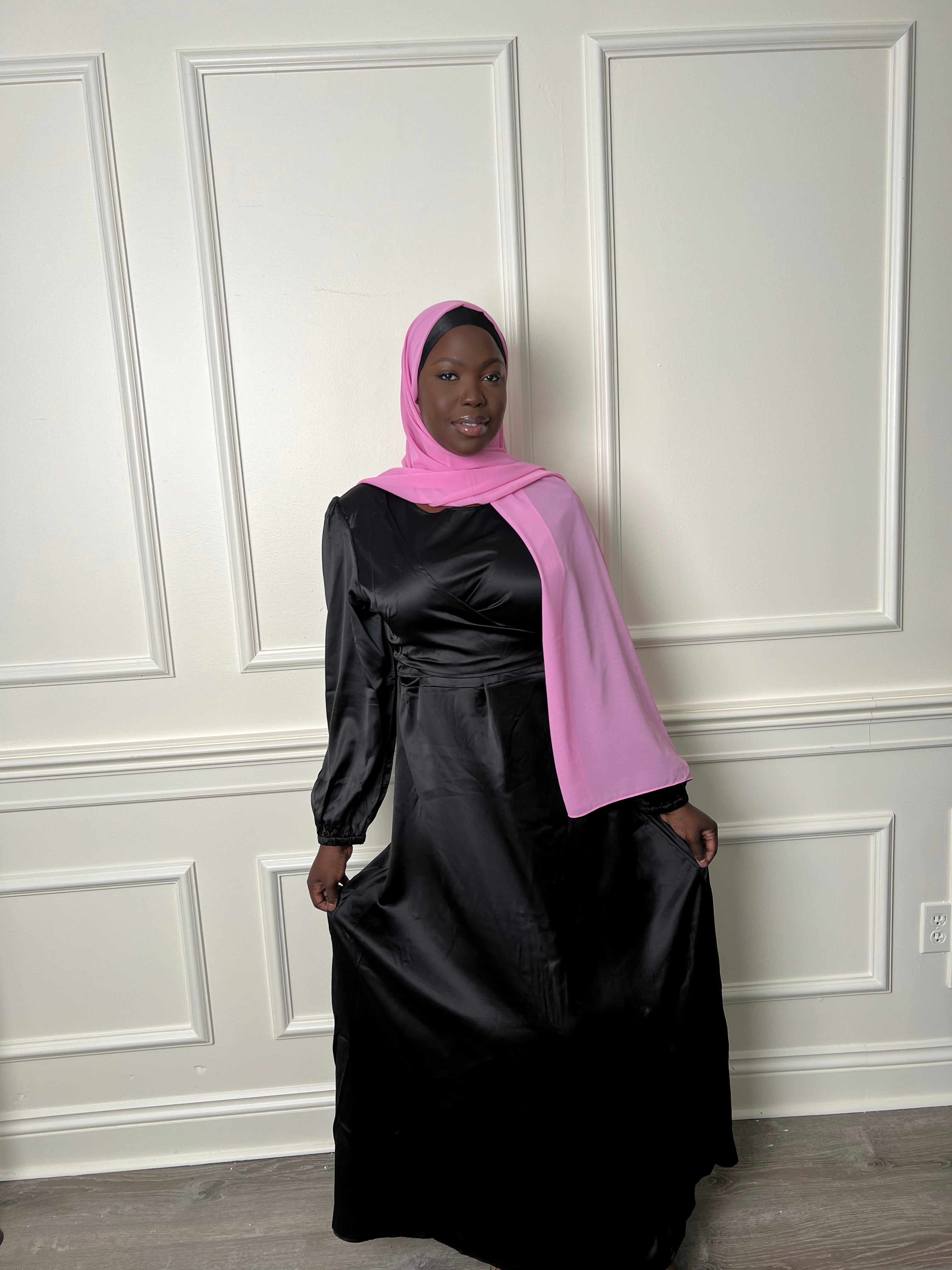 Black satin wrap waist dress