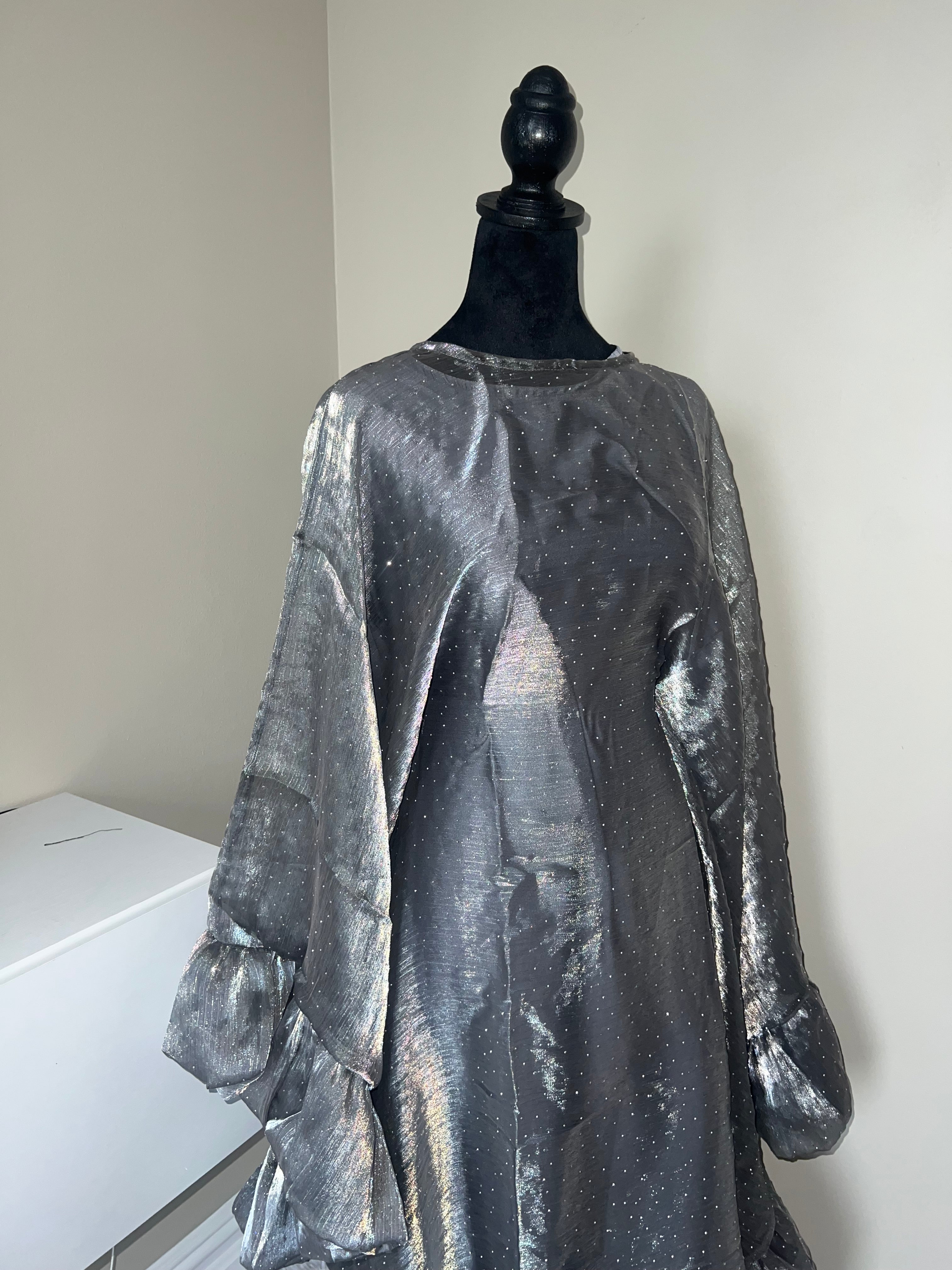 Silver Three Piece Butterfly Pixie Abaya With Scarf