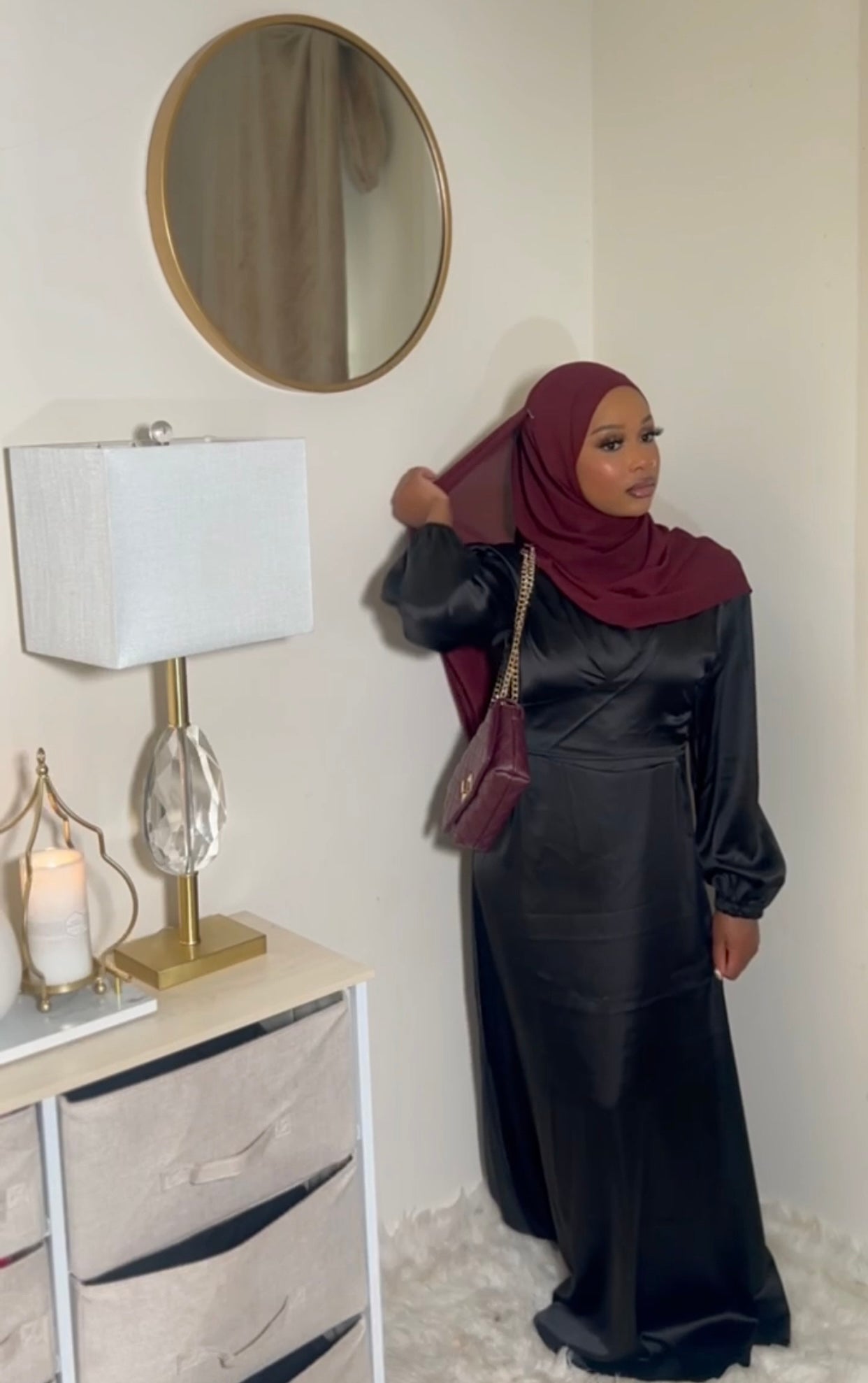 Black satin wrap waist dress