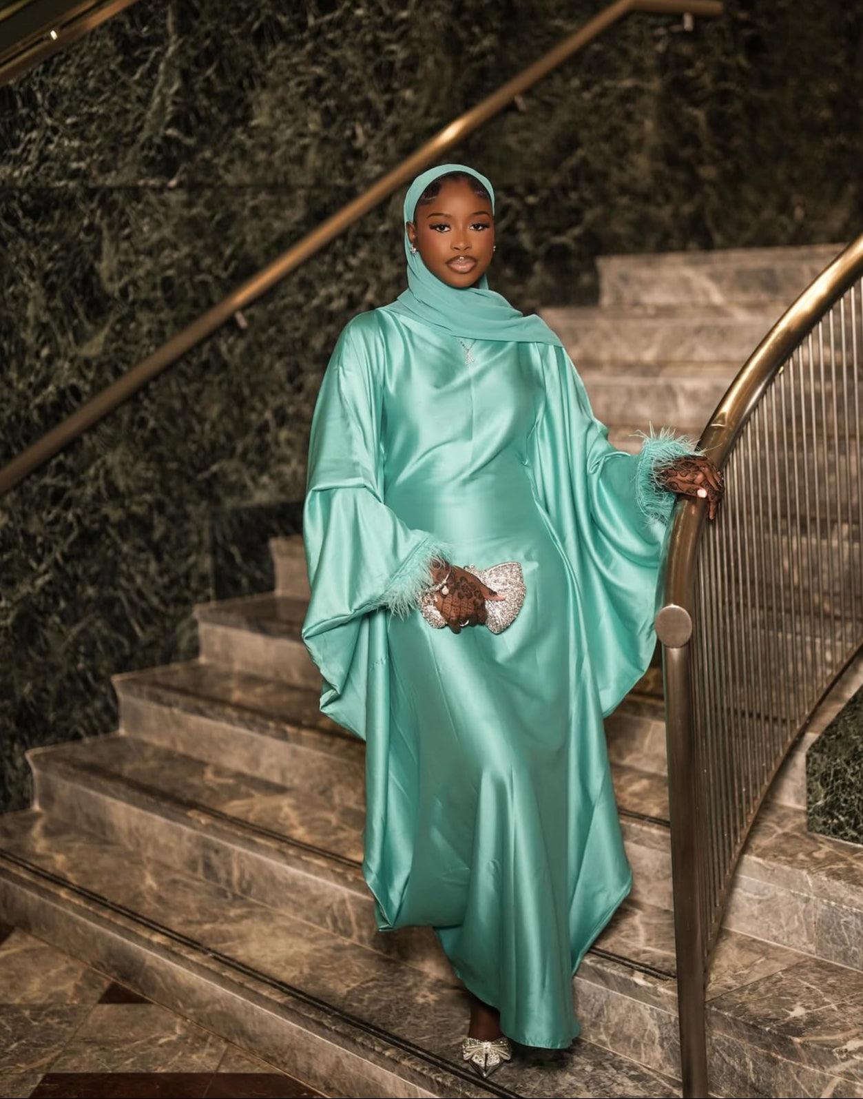 Turquoise feathered abaya+ hijab set