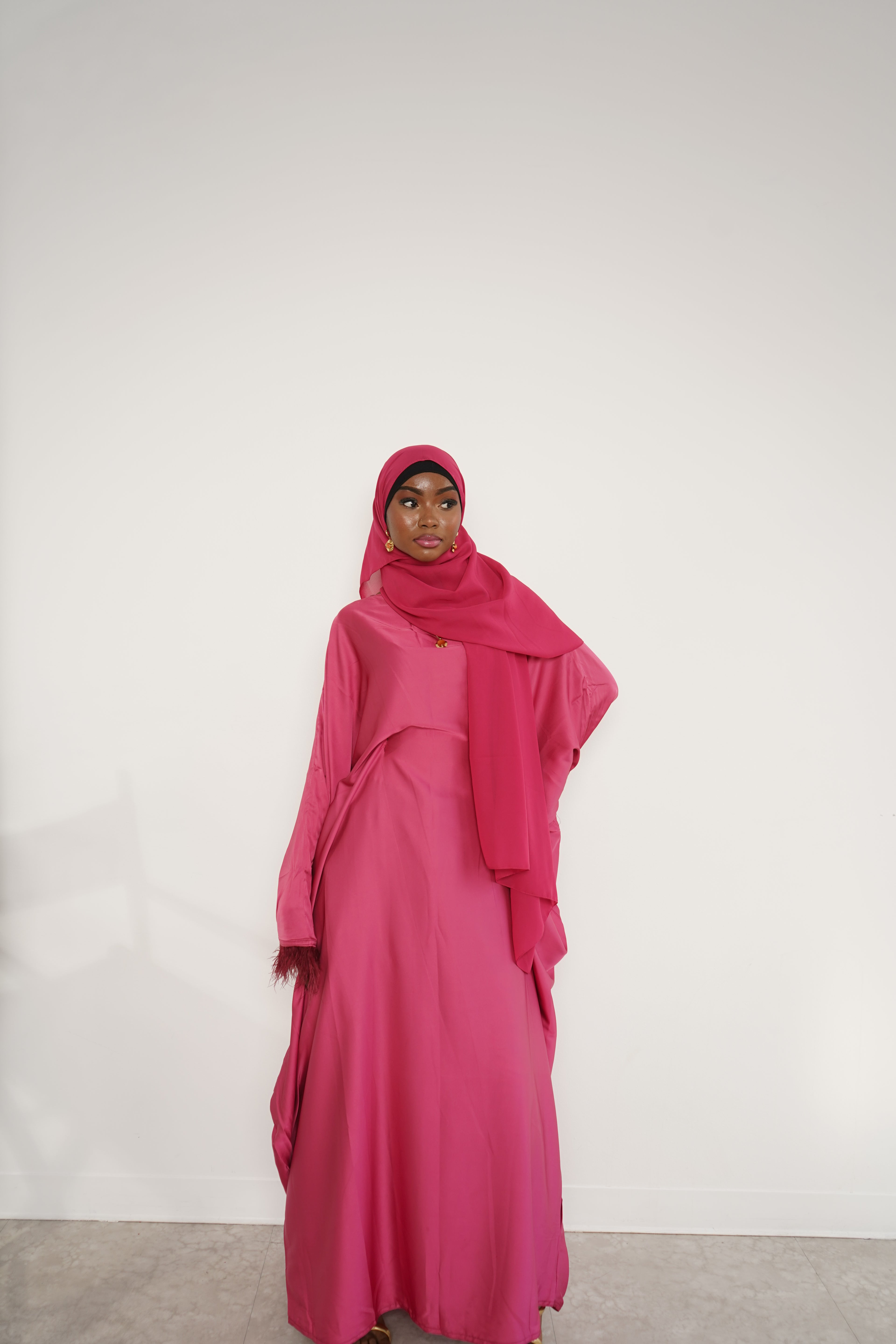 Sleek pink feathered abaya + hijab set