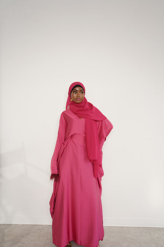 Sleek pink feathered abaya + hijab set