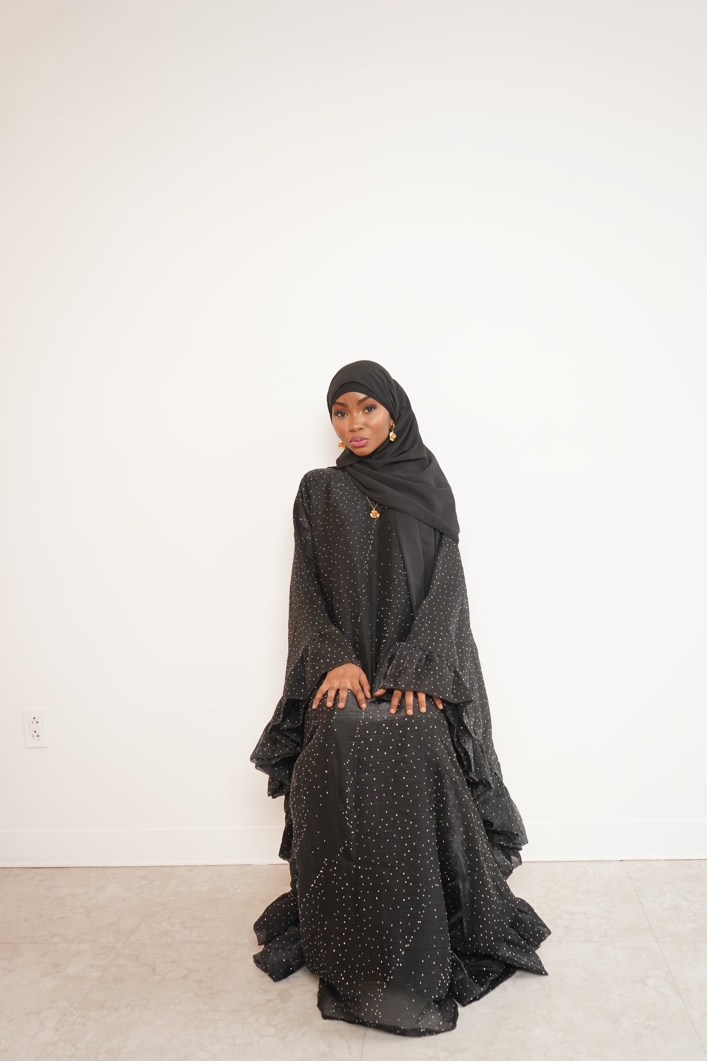 Black Three Piece Butterfly Pixie Abaya With Scarf