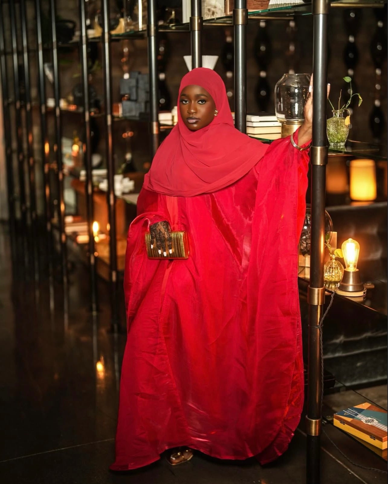 Deep Red Four Piece Satin Abaya With Scarf