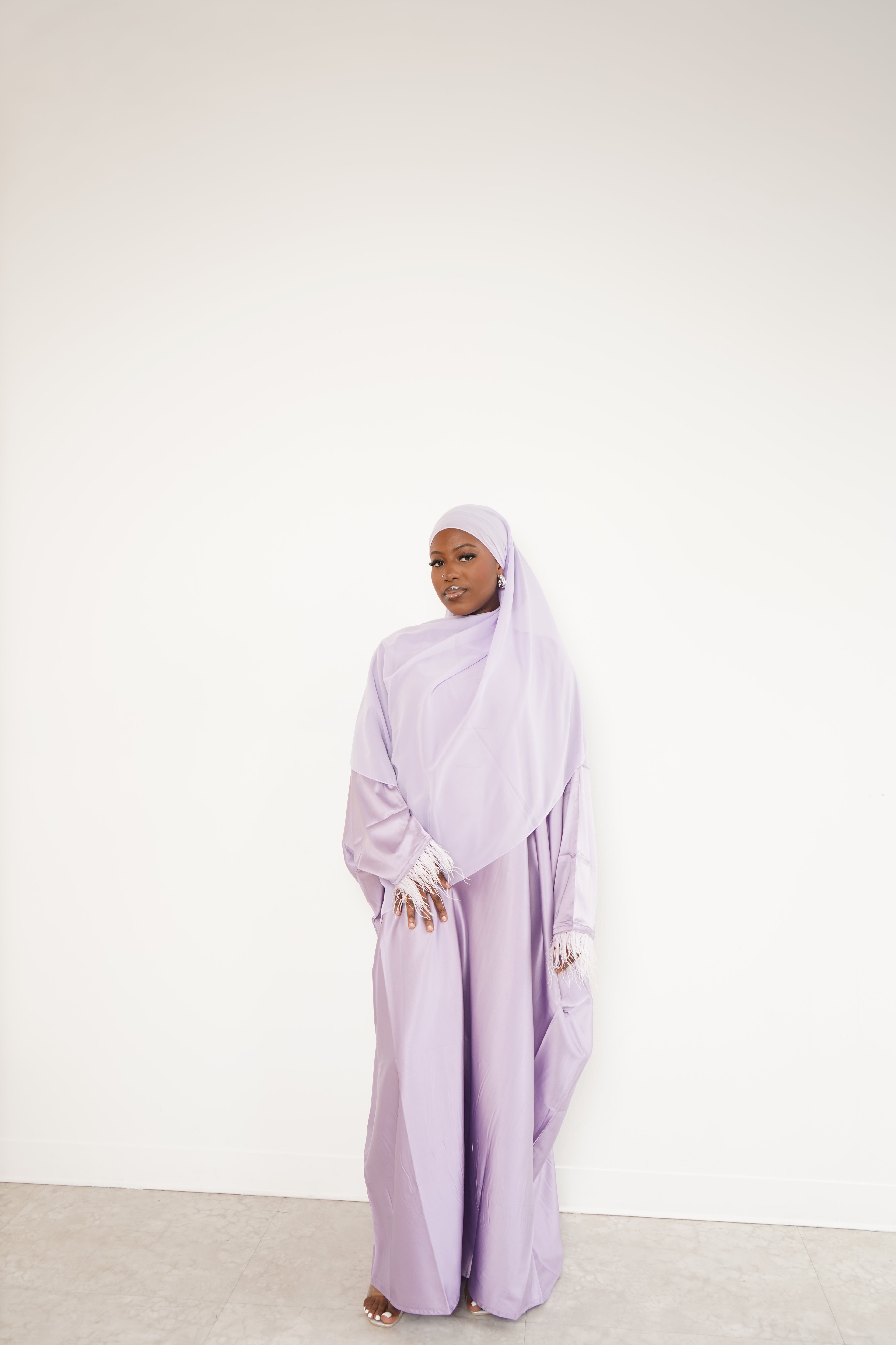 lavender feathered abaya + hijab set