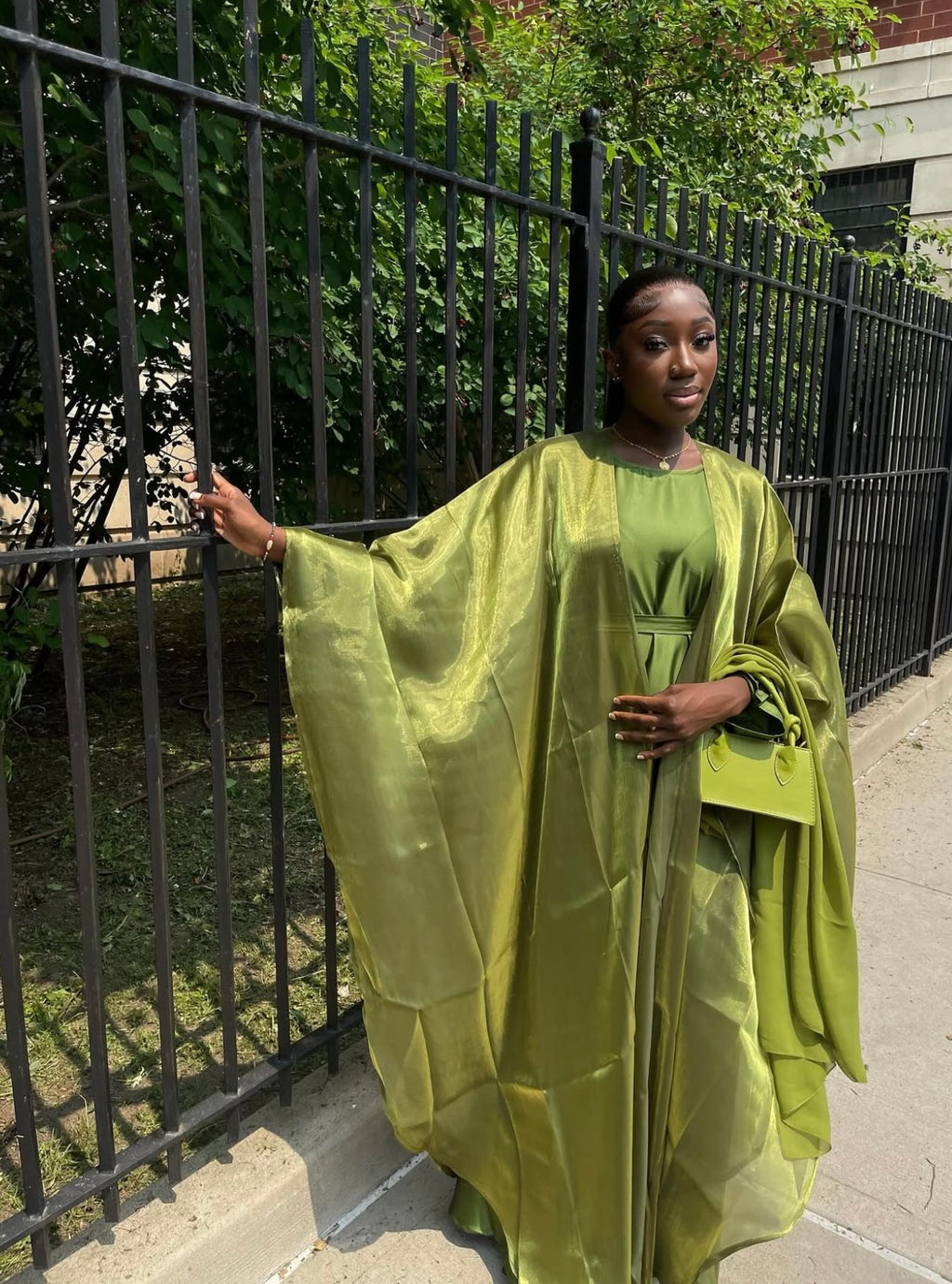 Hunter Green Four Piece Satin Abaya With Scarf