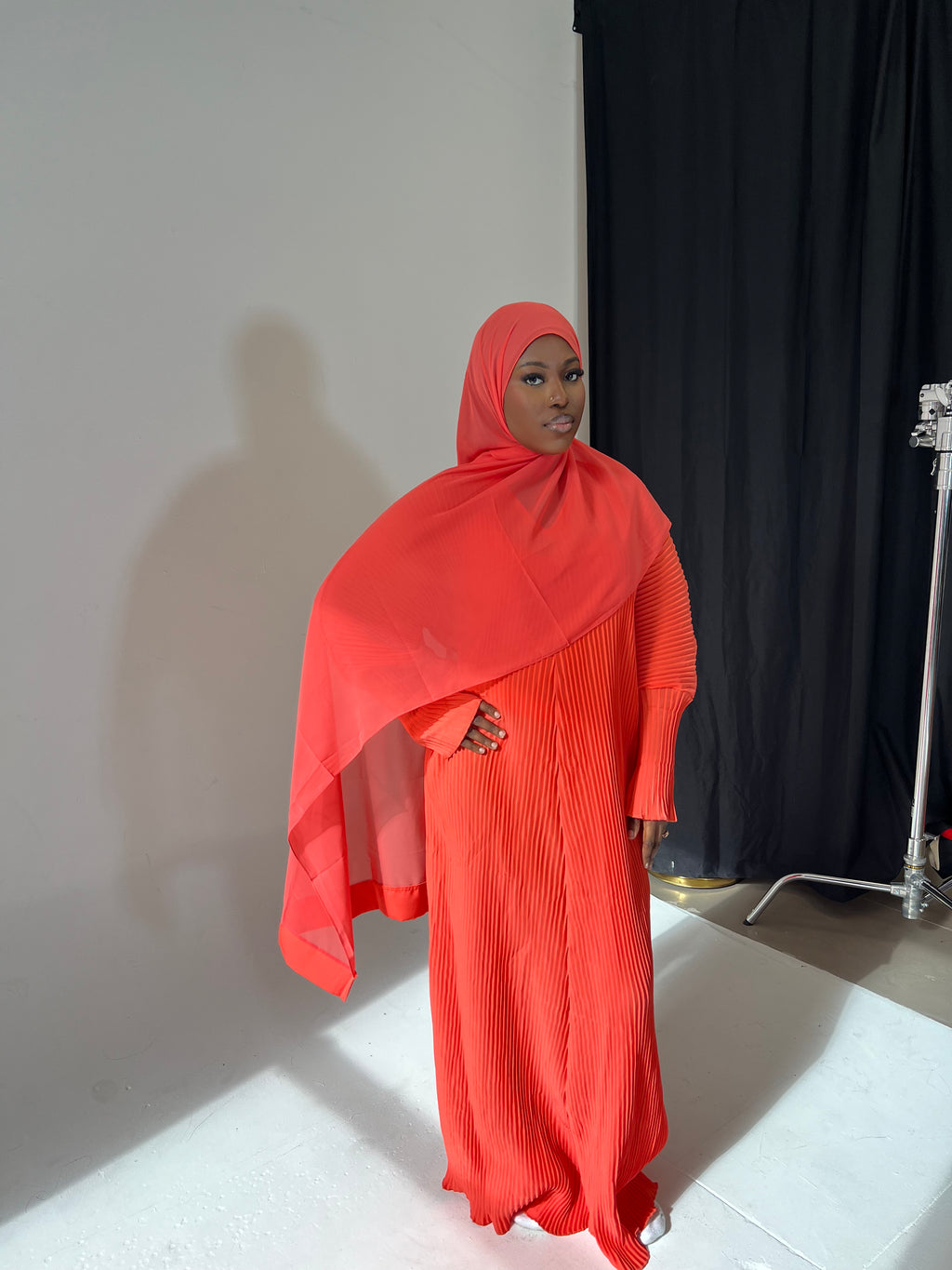 Coral Pleated Abaya Hijab Set