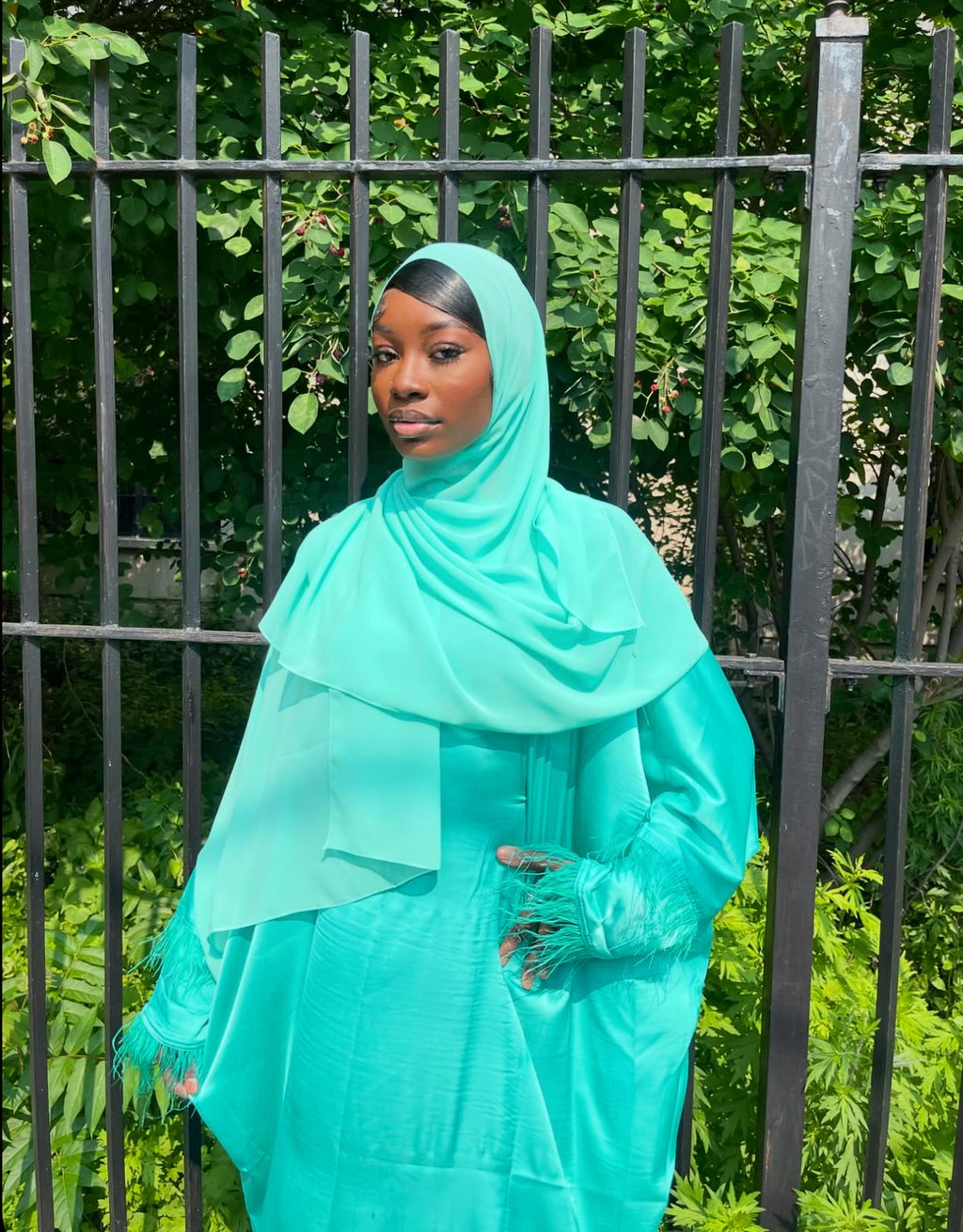 Turquoise feathered abaya+ hijab set