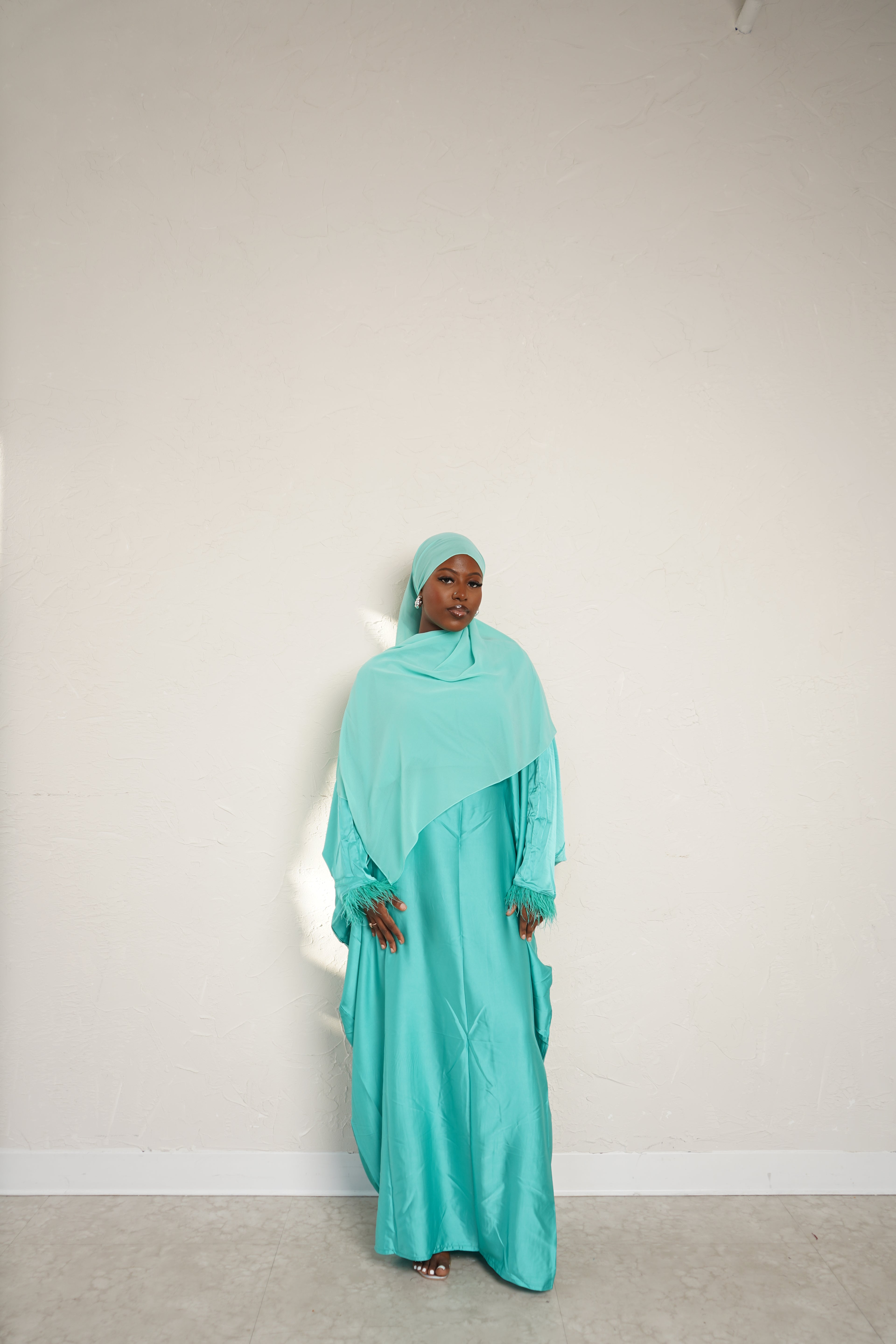 Turquoise feathered abaya+ hijab set