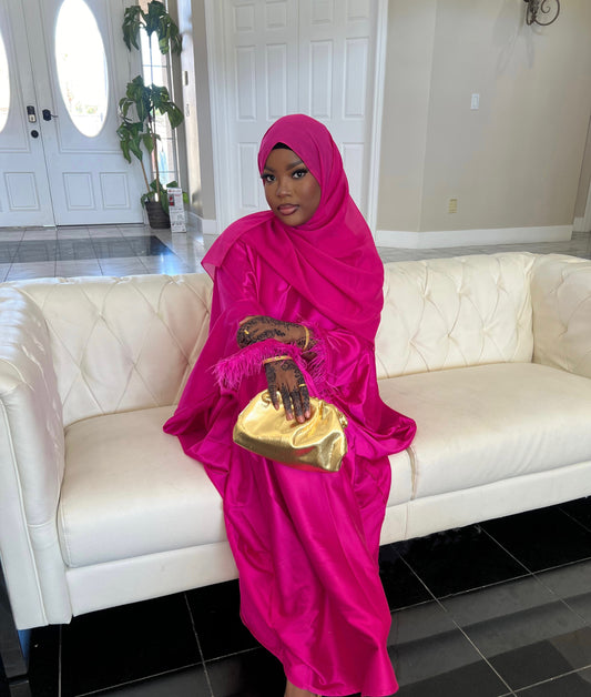 RESERVE** magenta feathered abaya + hijab set