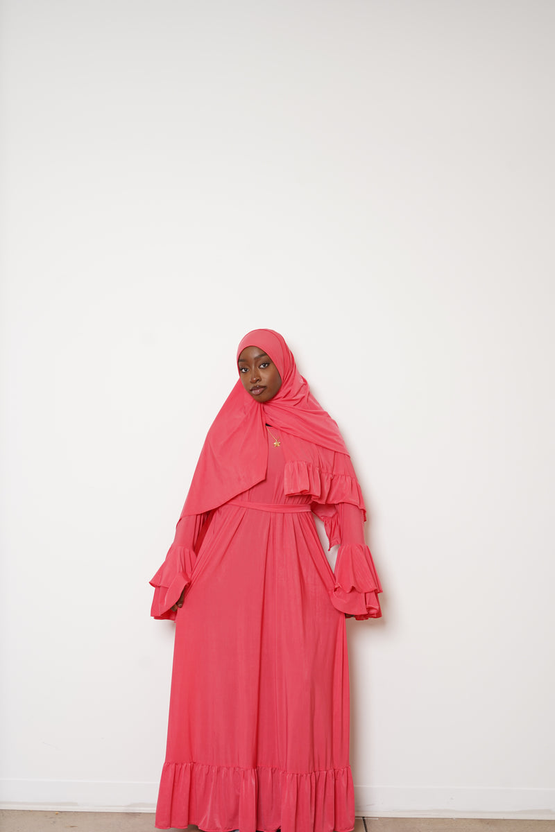 Coral Double Ruffle Abaya Hijab Set