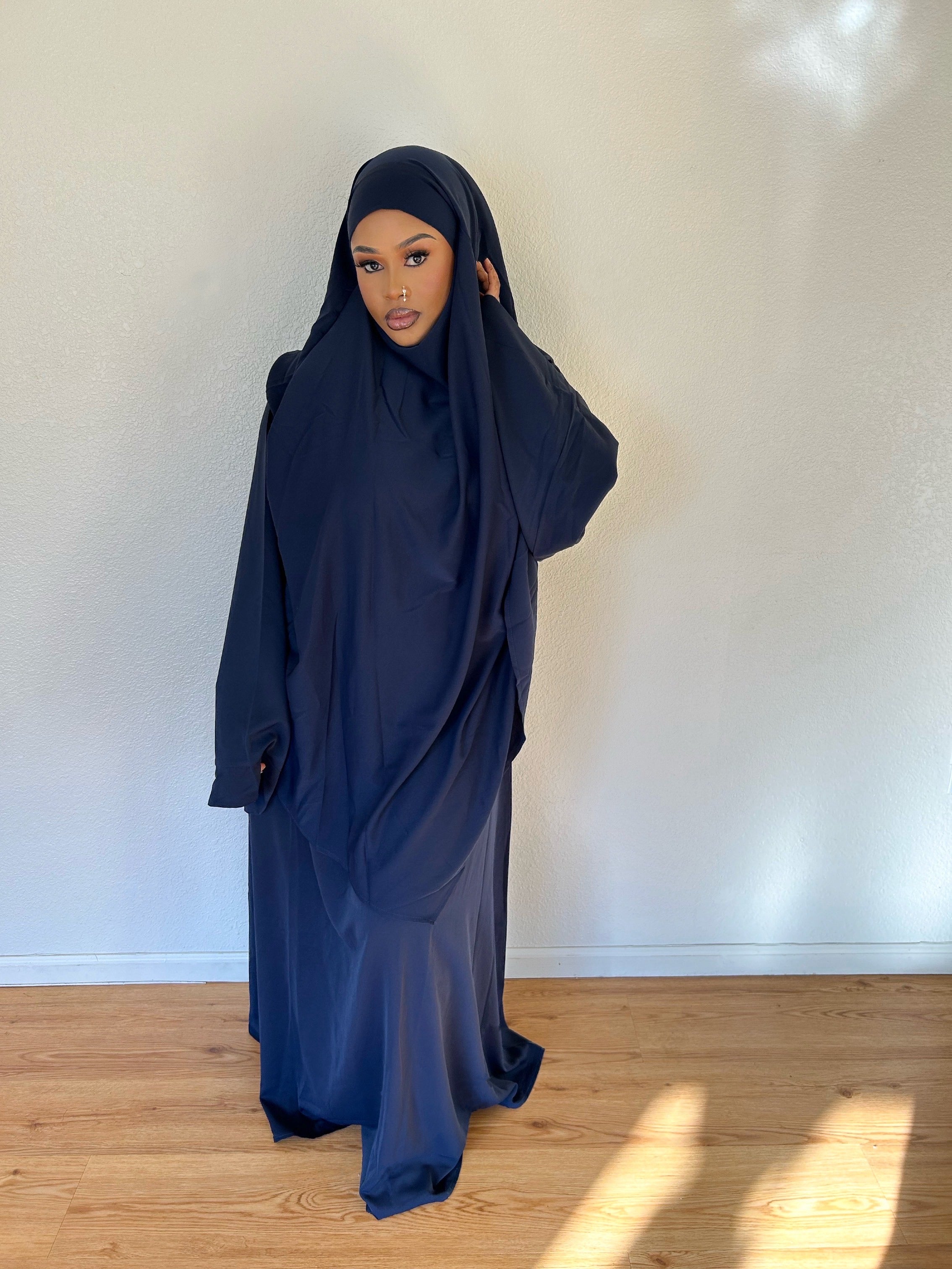 Navy blue Diamond Khimar With Niqab Strings
