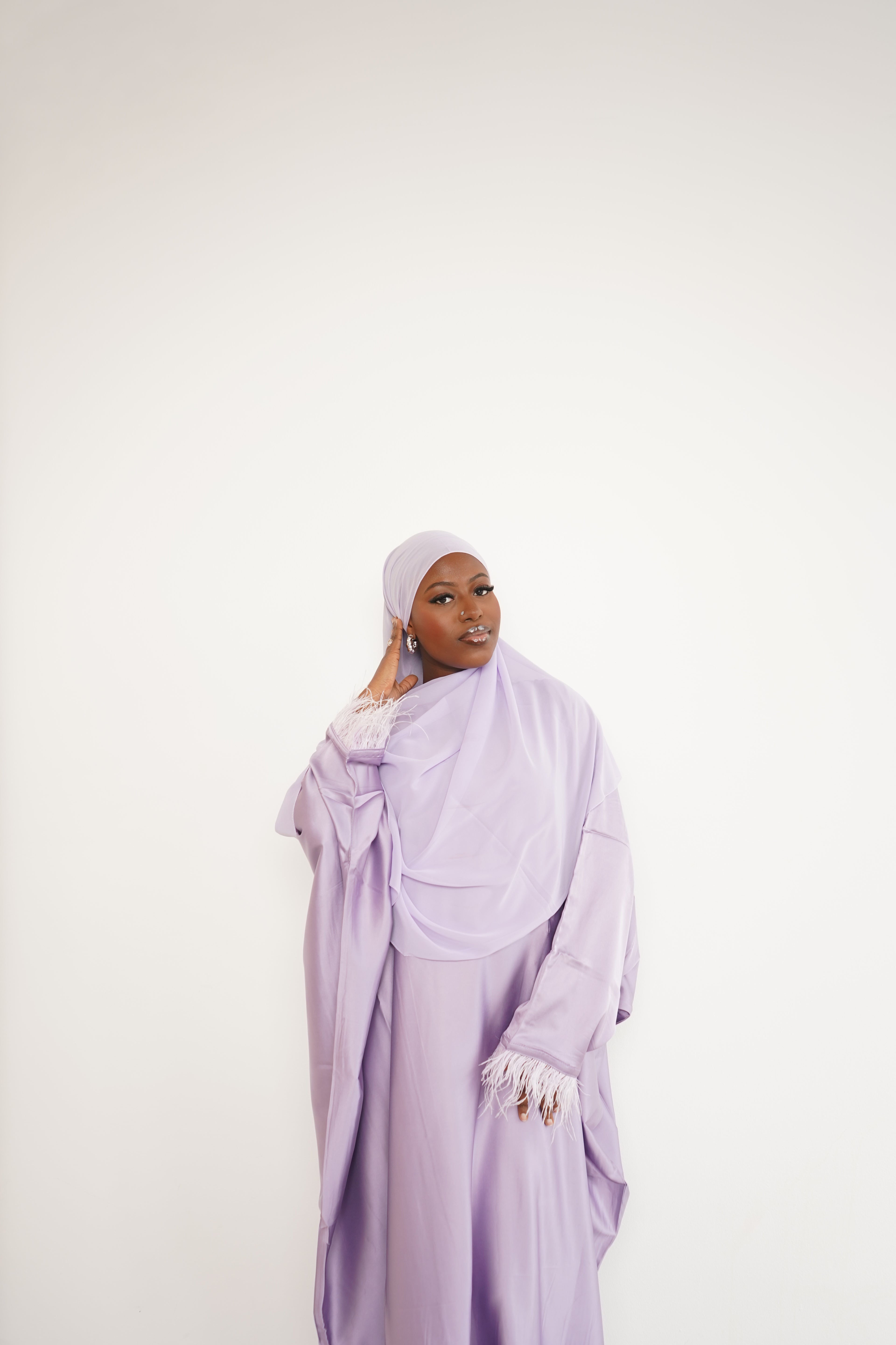 lavender feathered abaya + hijab set