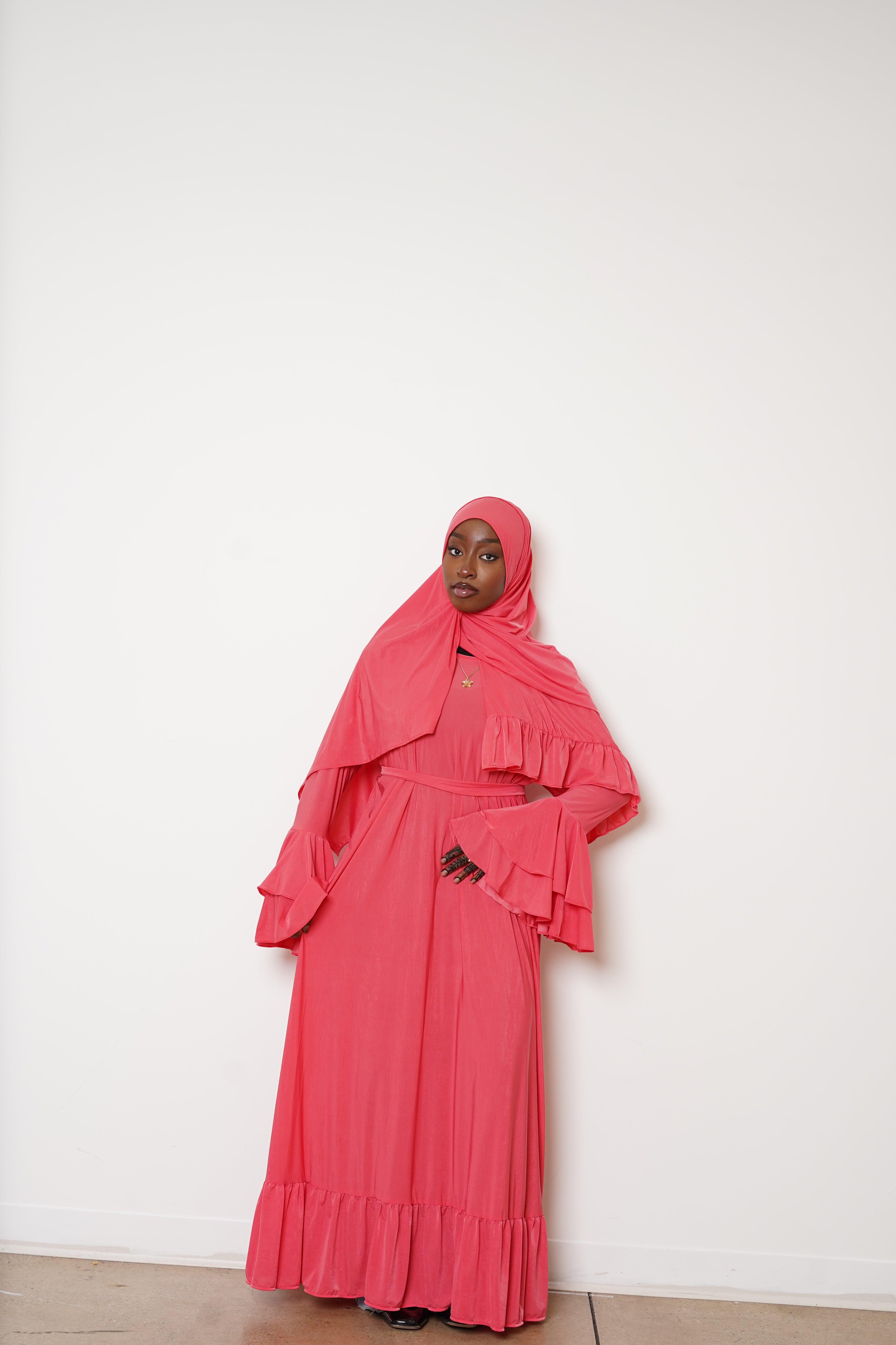 Coral Double Ruffle Abaya Hijab Set