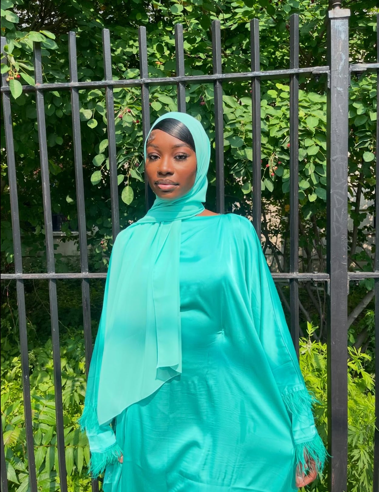 Turquoise feathered abaya+ hijab set