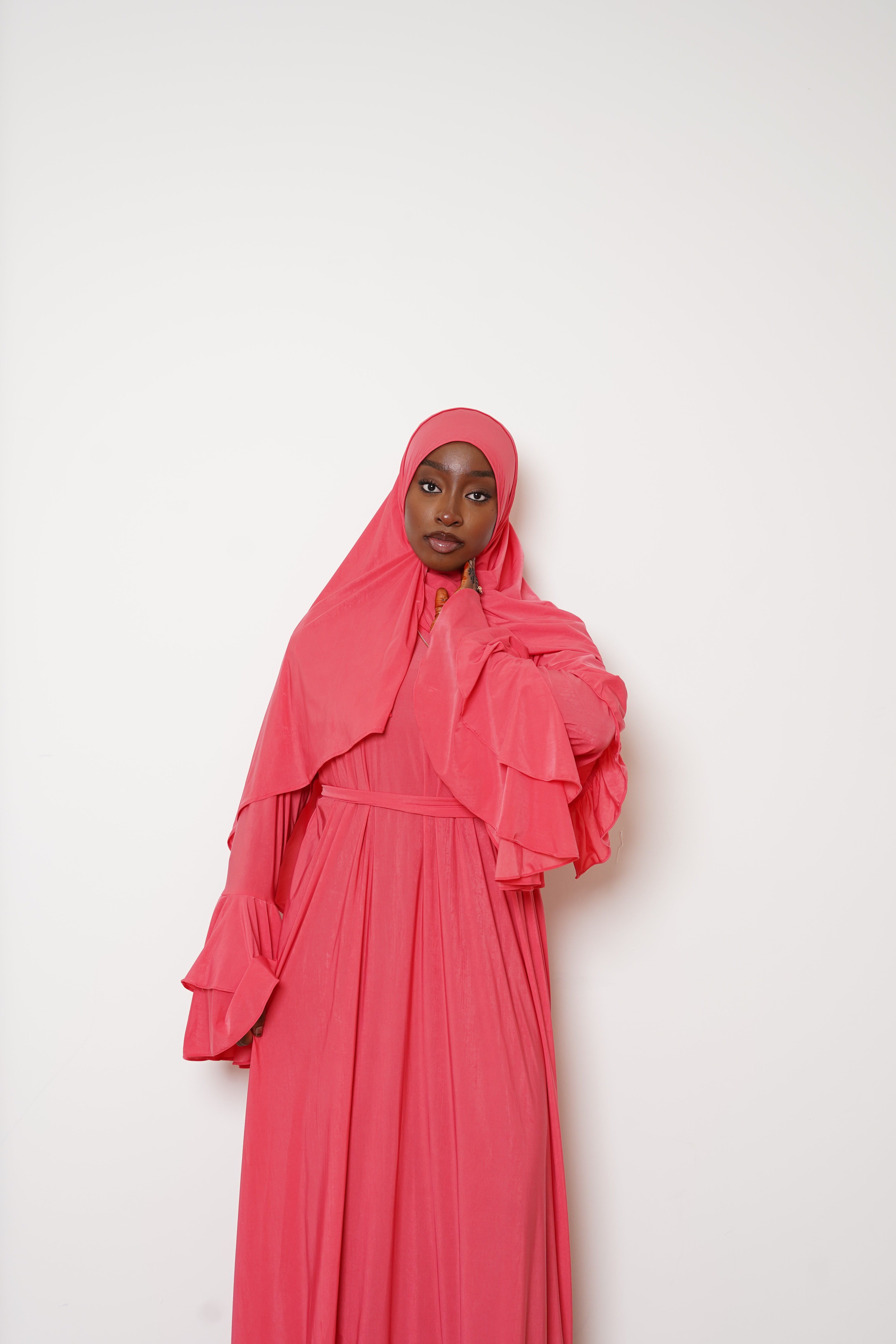 Coral Double Ruffle Abaya Hijab Set