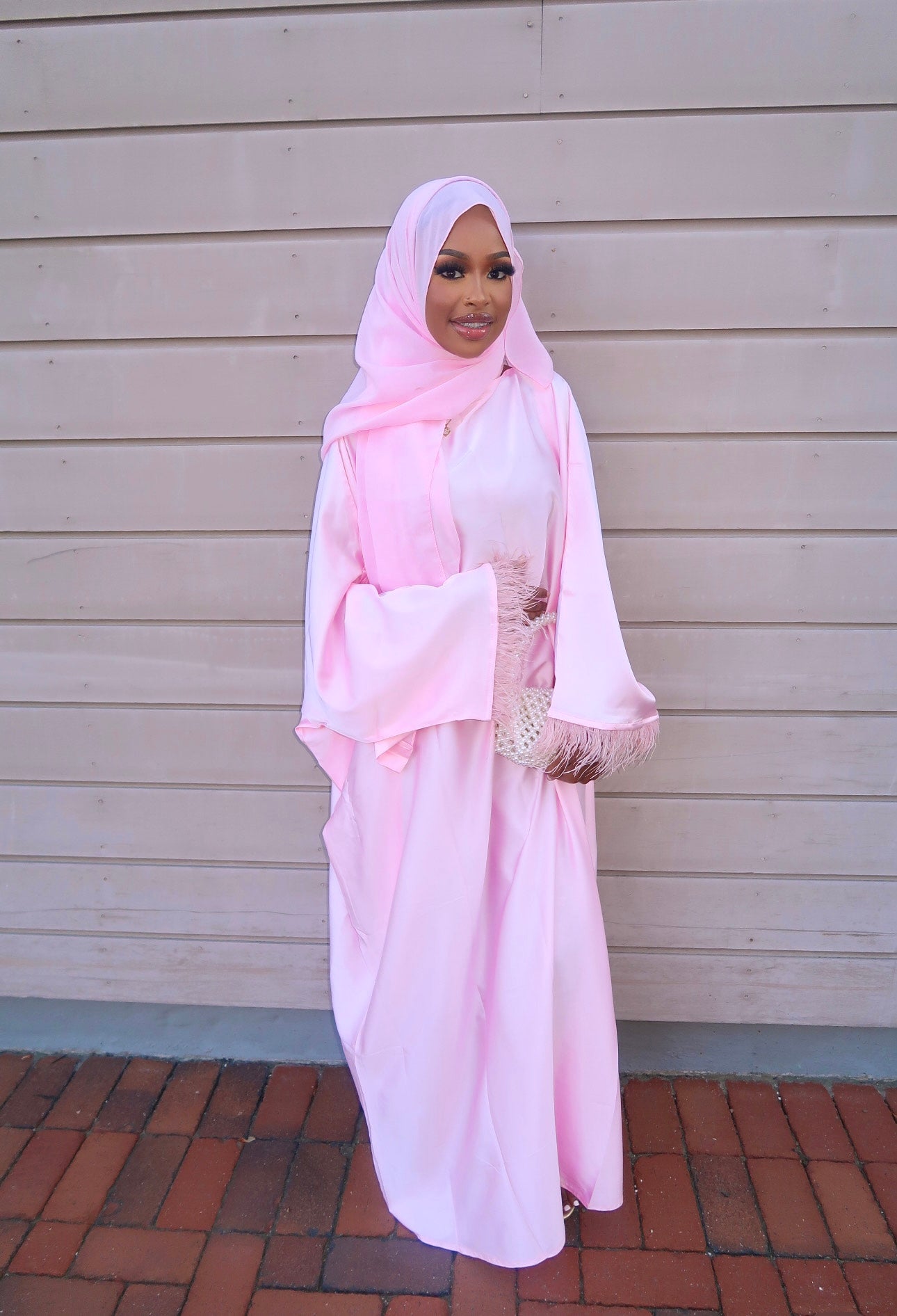 NEW Rose Pink feathered abaya + hijab set