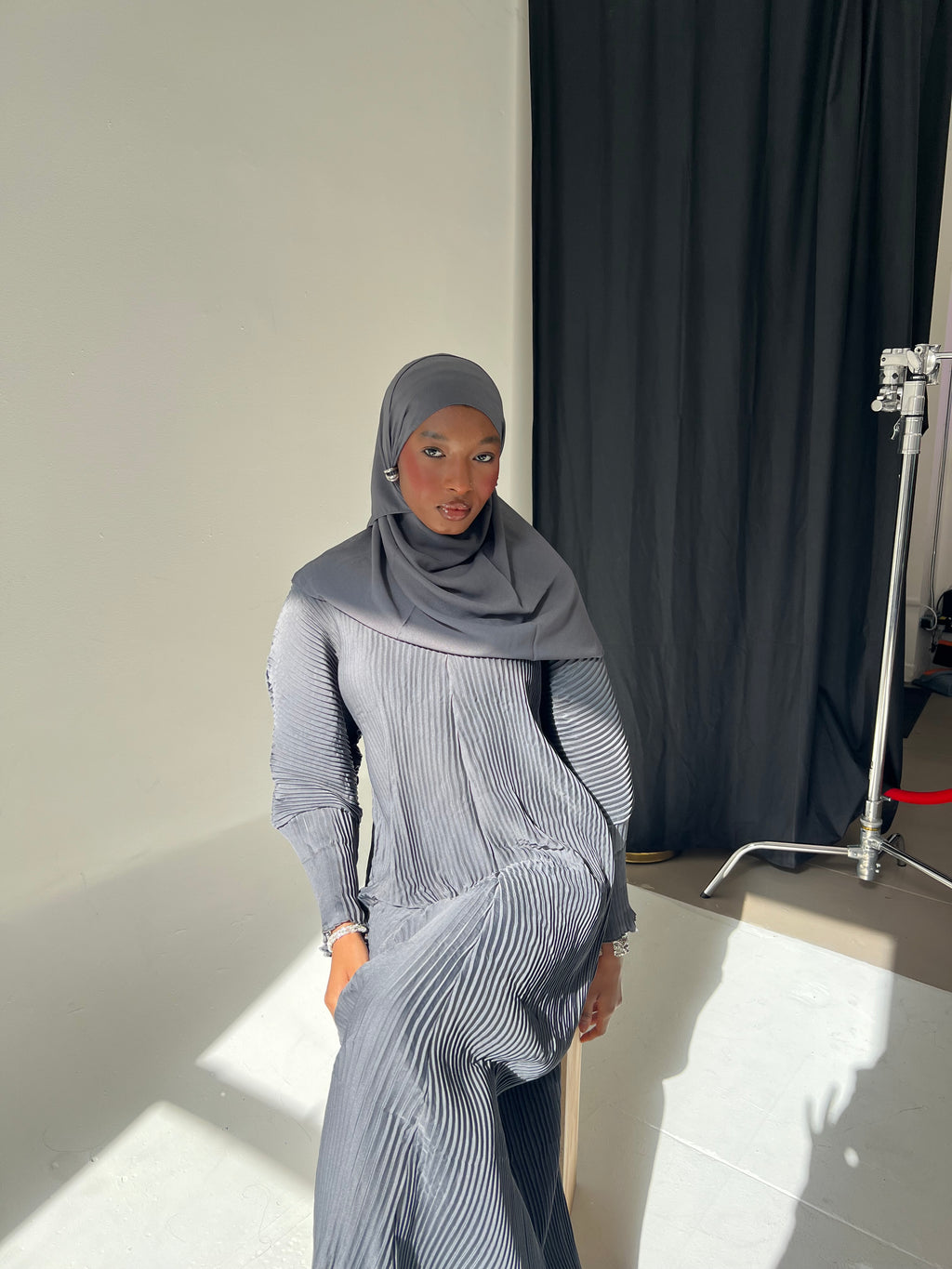 Grey Pleated Abaya Hijab Set