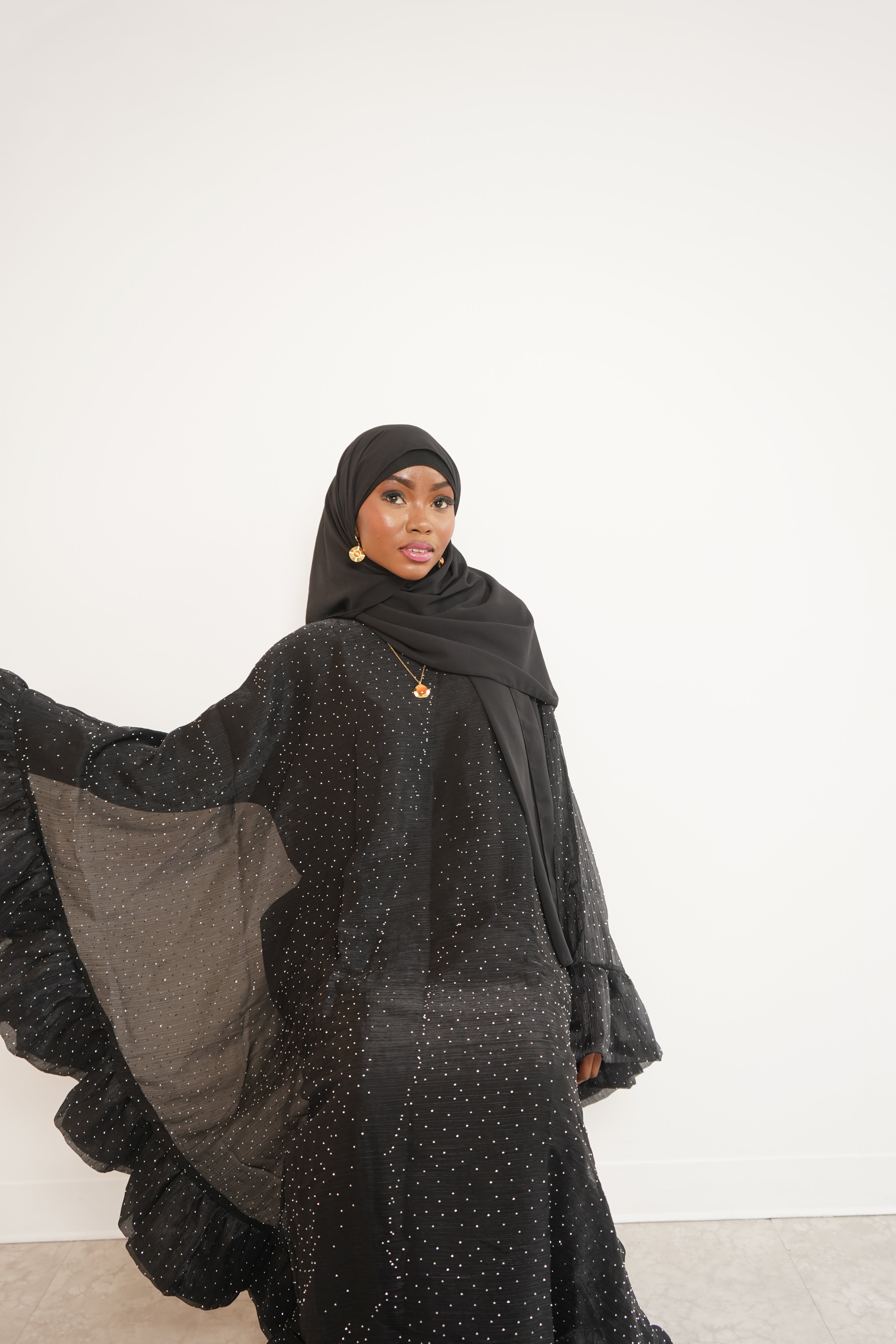 Black Three Piece Butterfly Pixie Abaya With Scarf