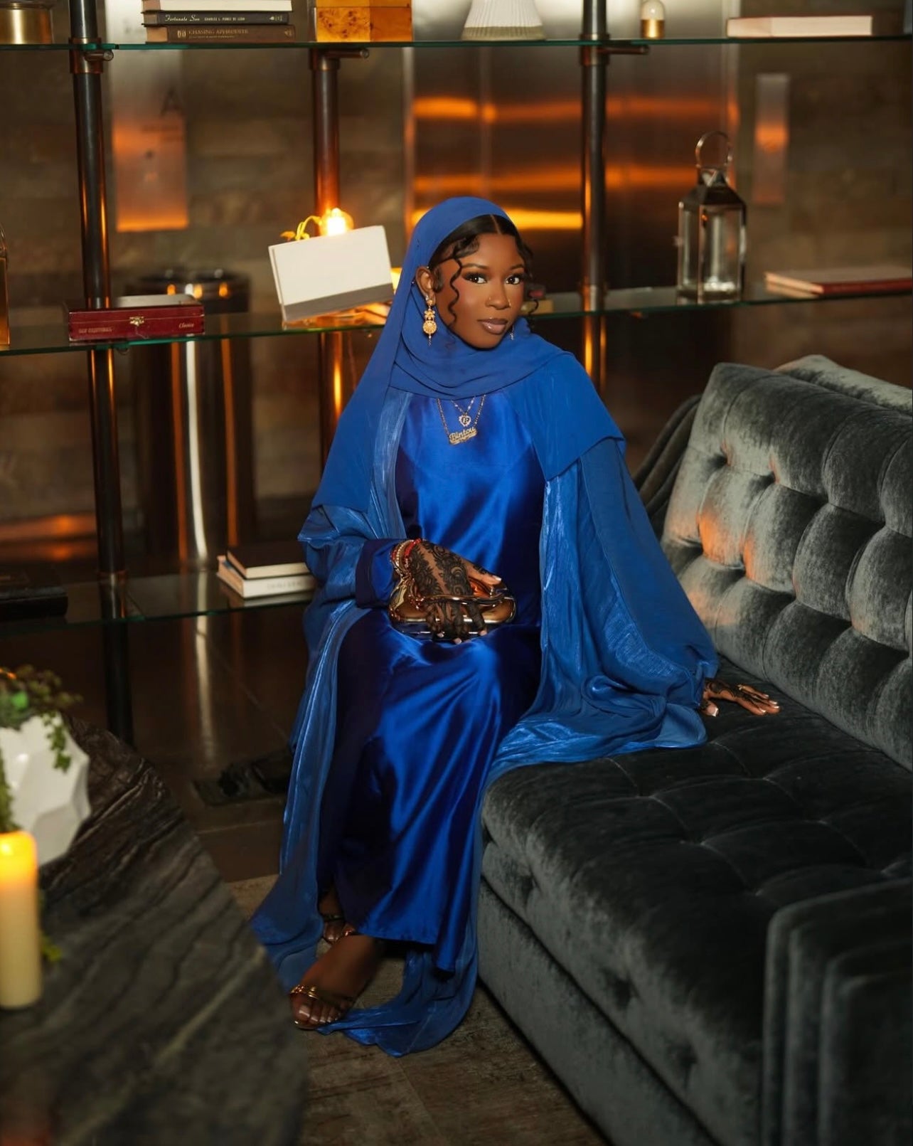 Royal Blue Four Piece Satin Abaya