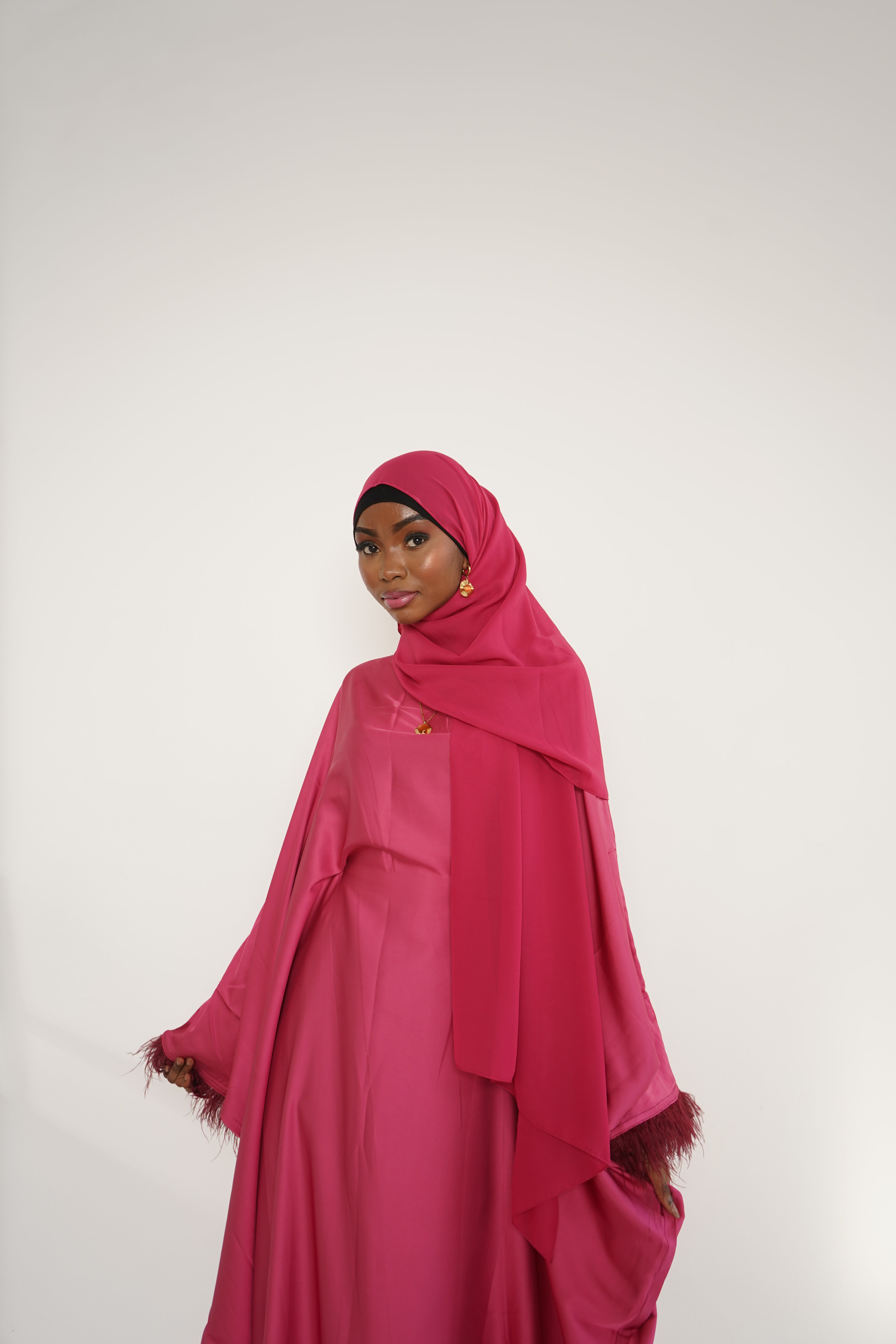 Sleek pink feathered abaya + hijab set