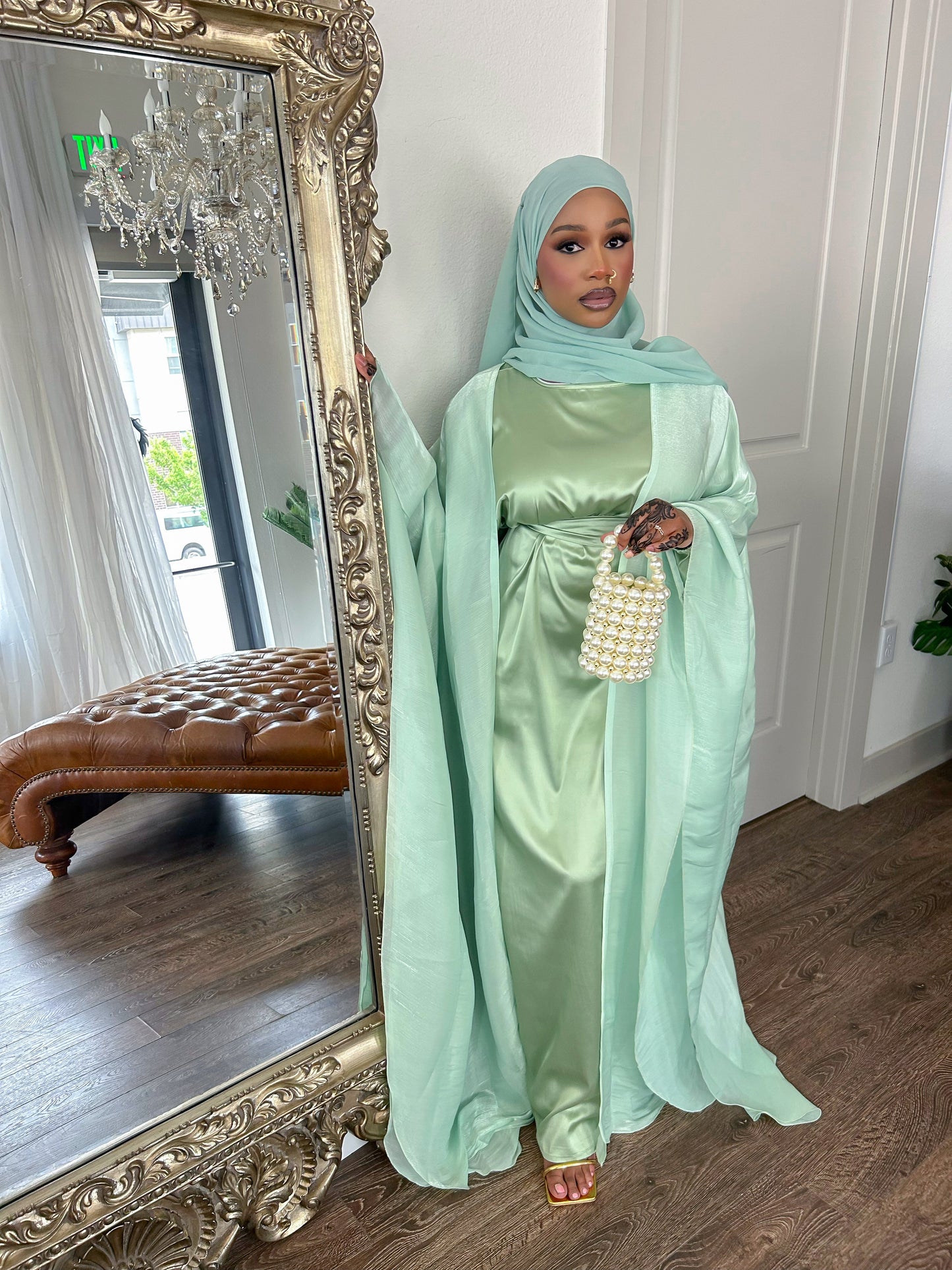 Mint Green Four Piece Satin Abaya