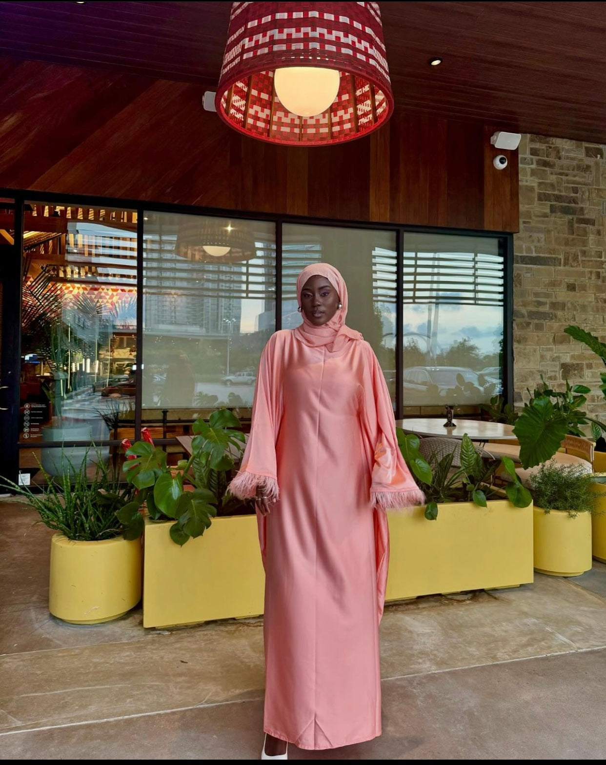 peach feathered abaya set