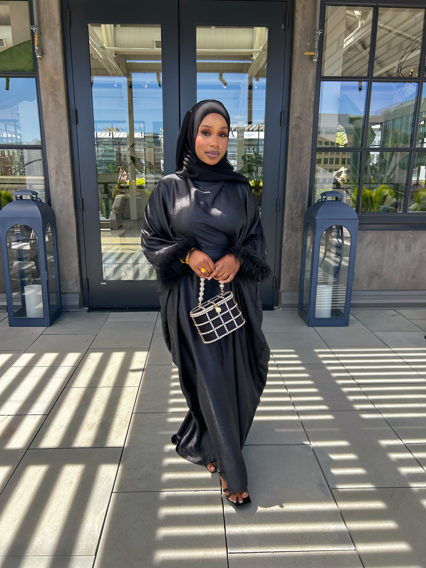 black feathered abaya set