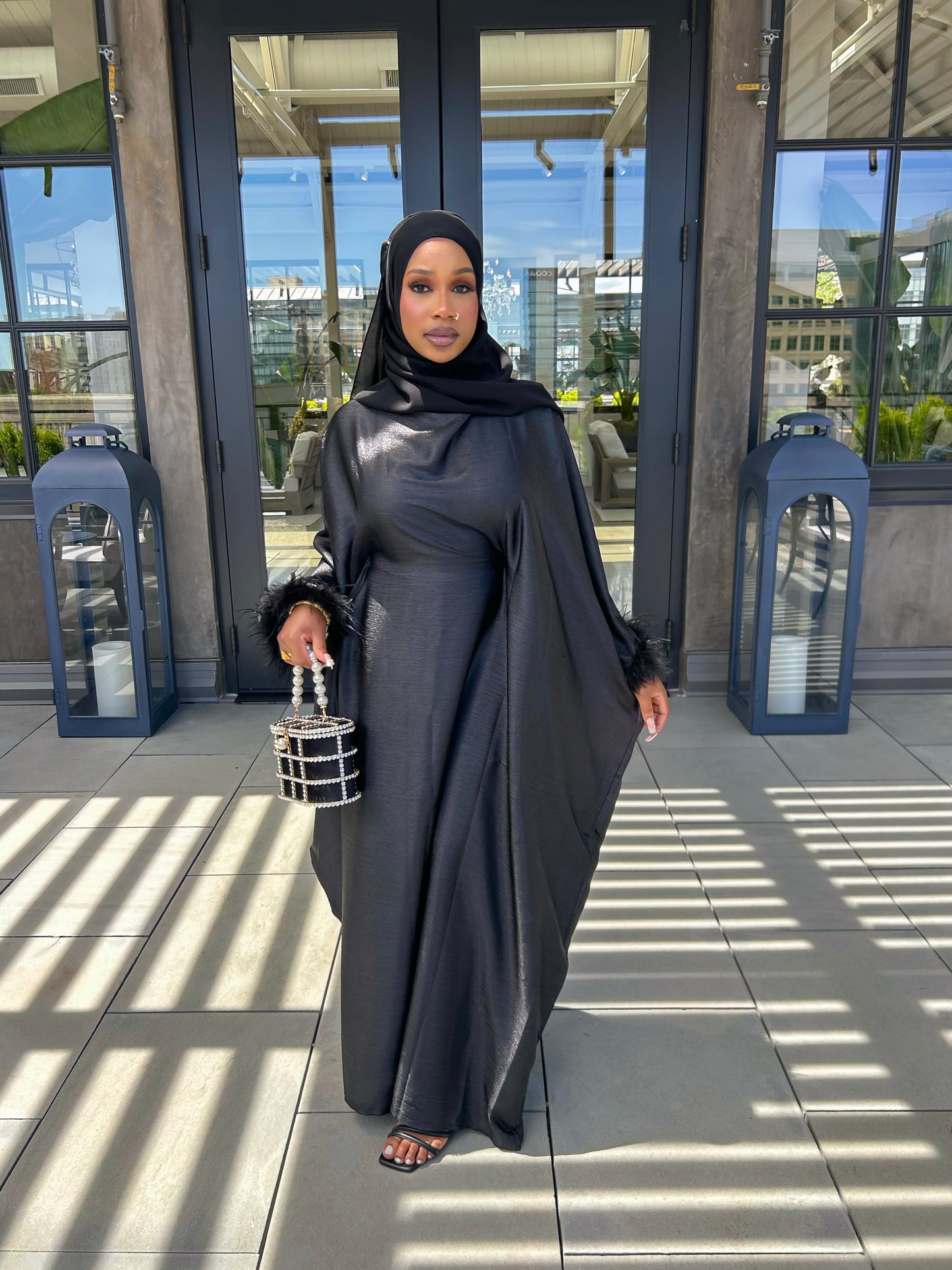 black feathered abaya set