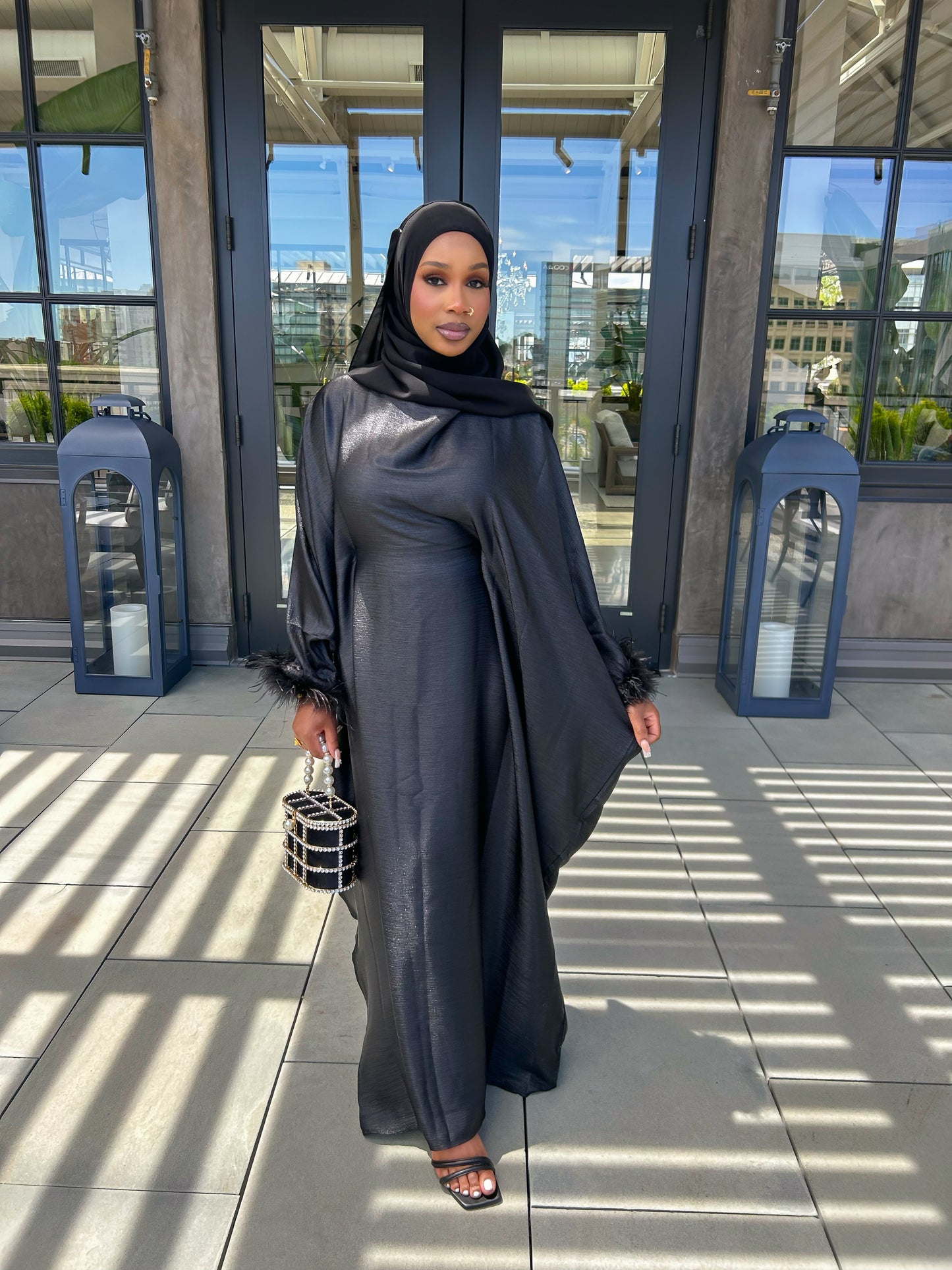 black feathered abaya set