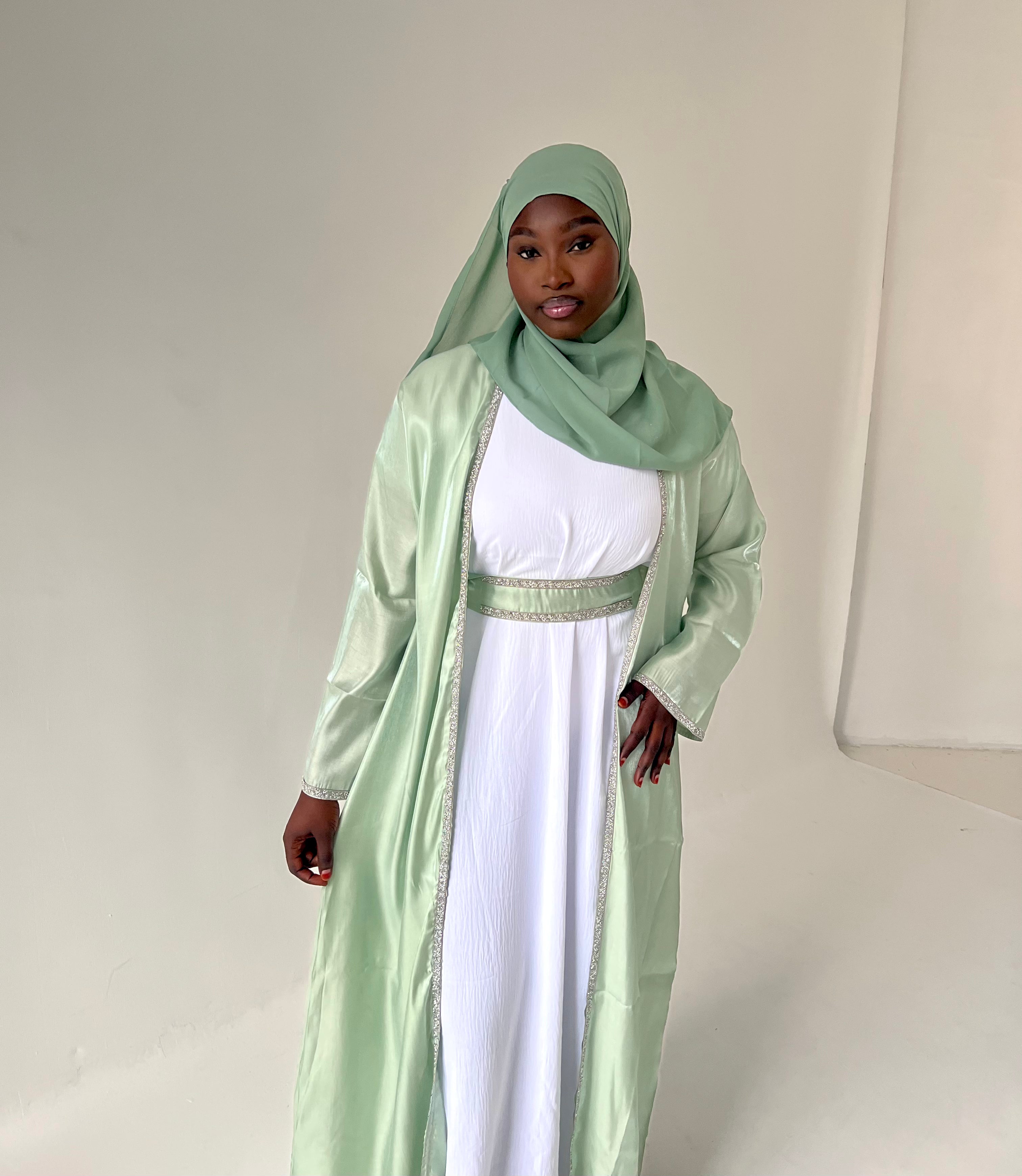 Crystalline Mint Green Satin Abaya 4pc Set - Luxury Abayas – M'JACENT