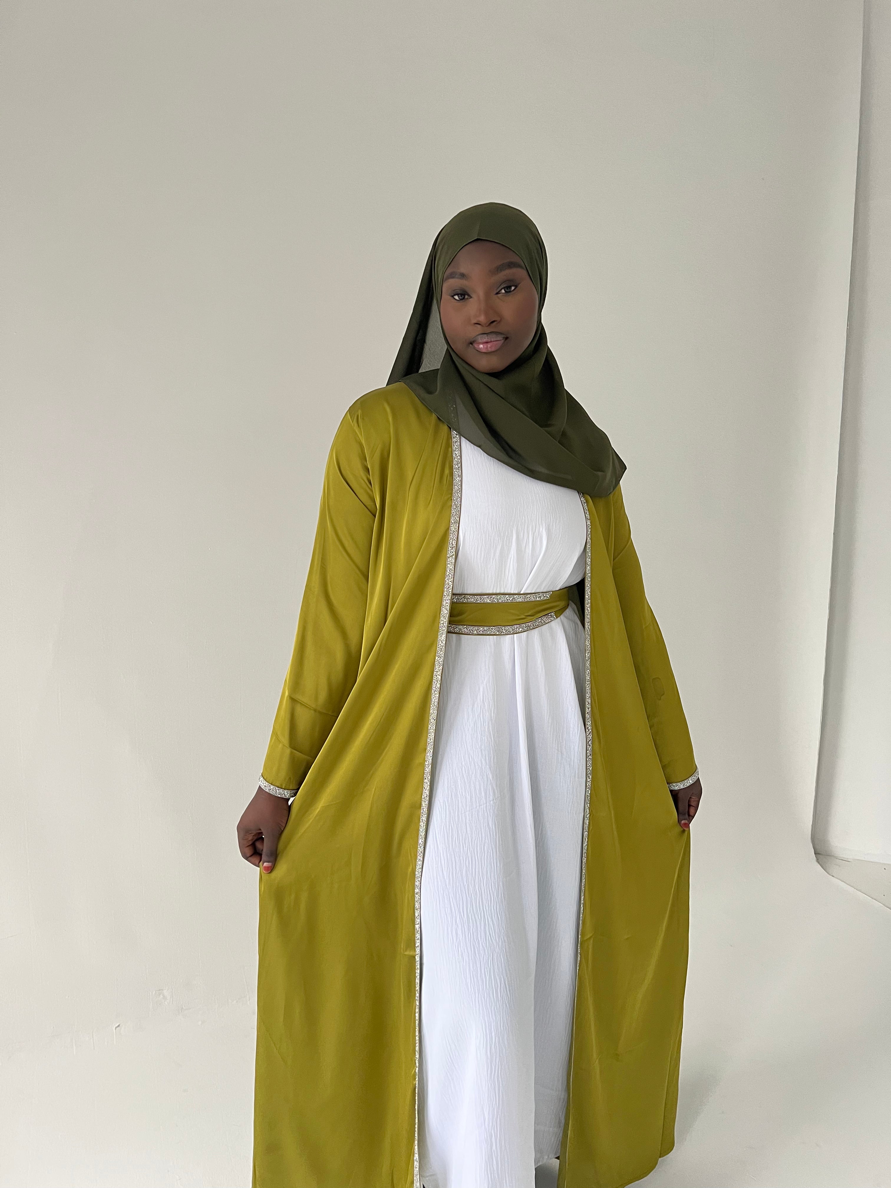 Crystalline Green Satin Abaya 4pc Set